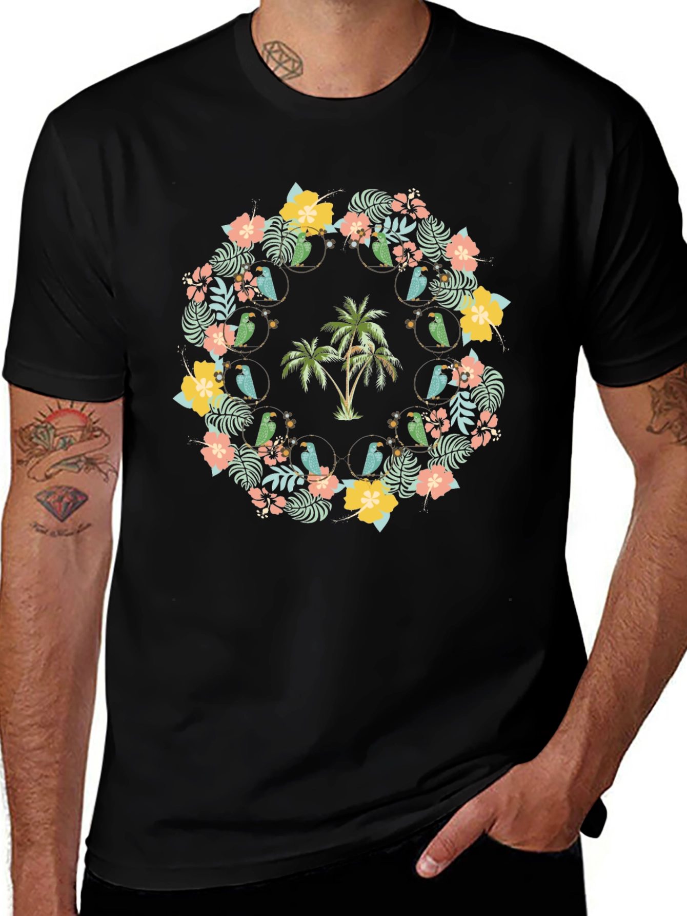 Tropical Floral Palm Tree Parrot Graphic Tee