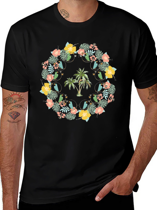Tropical Floral Palm Tree Parrot Graphic Tee