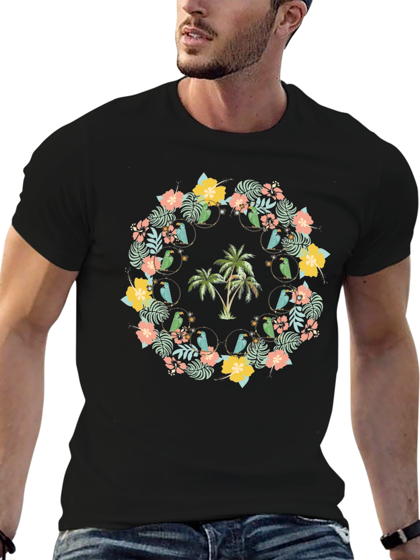 Tropical Floral Palm Tree Parrot Graphic Tee