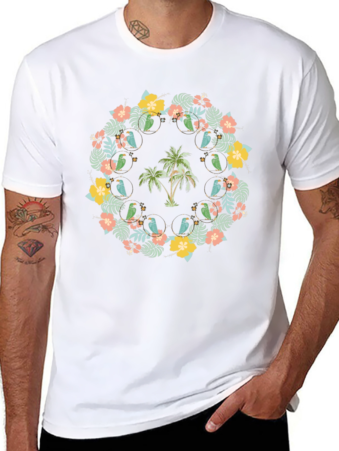 Tropical Floral Palm Tree Parrot Graphic Tee