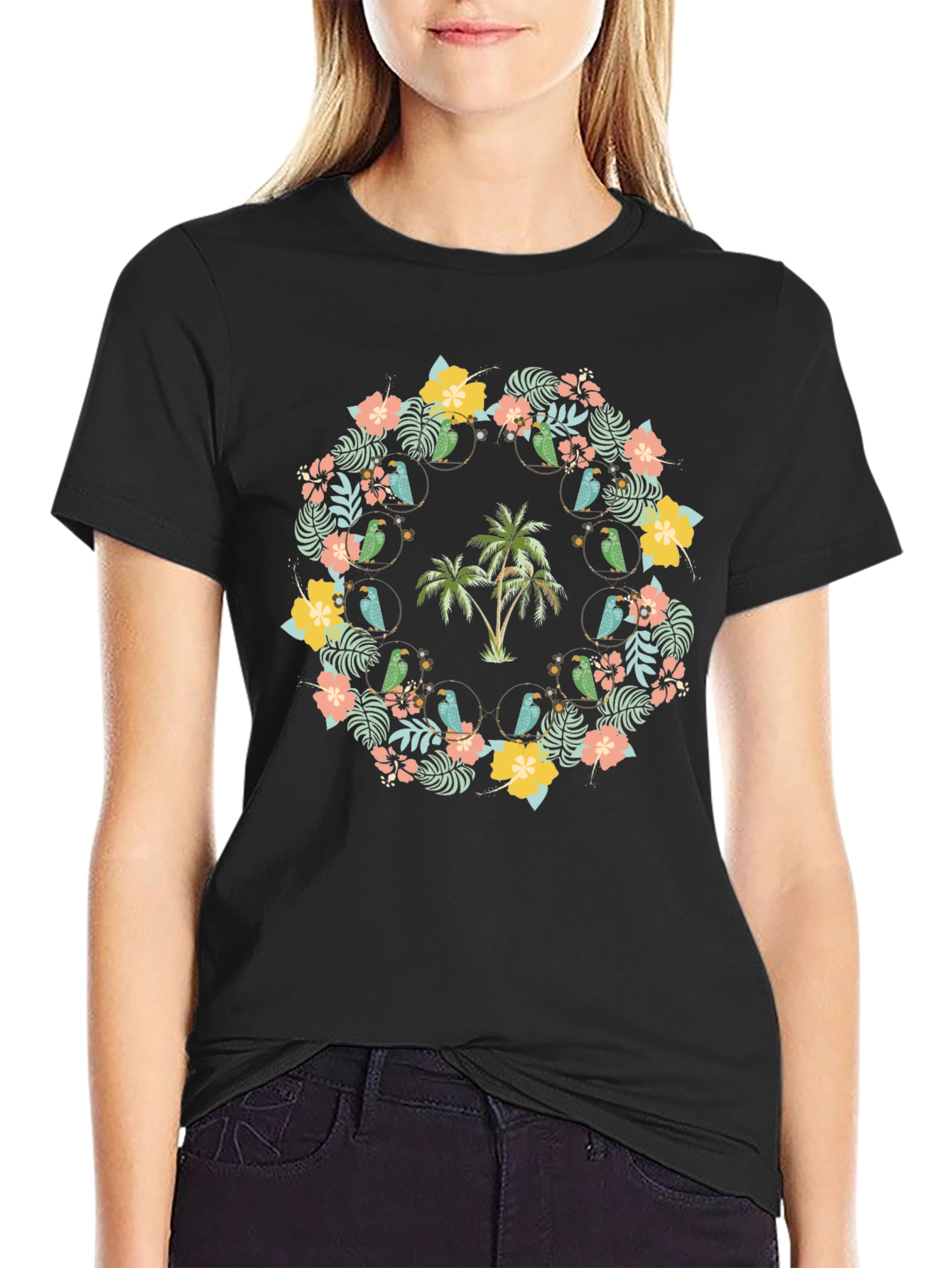 Tropical Floral Palm Tree Parrot Graphic Tee