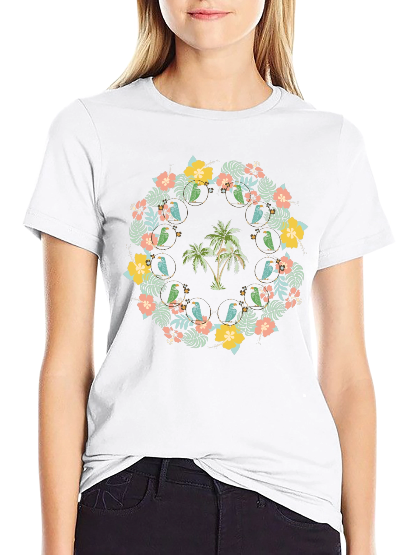 Tropical Floral Palm Tree Parrot Graphic Tee