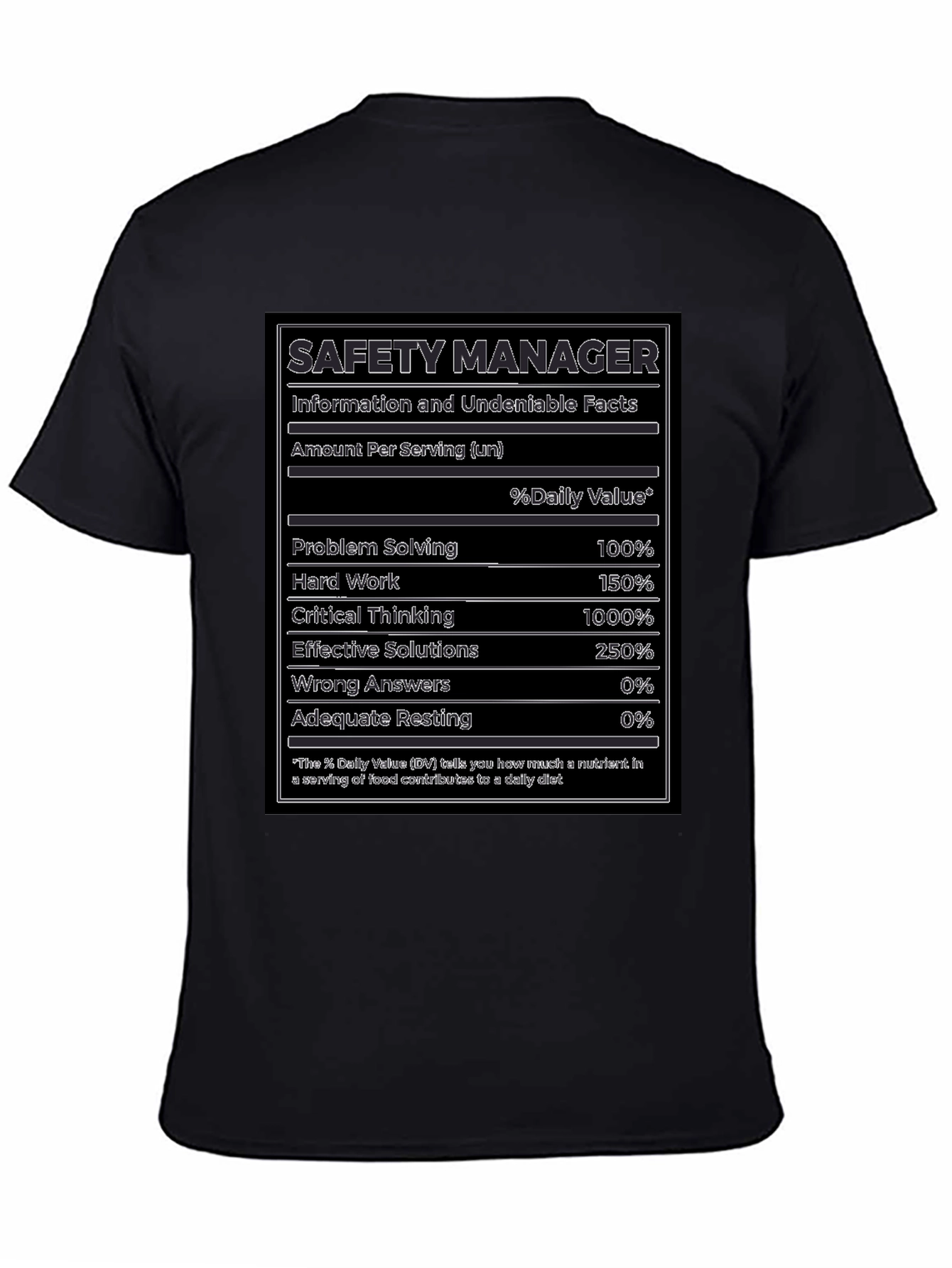 Safety Manager Facts T-Shirt - Funny Nutrition Label