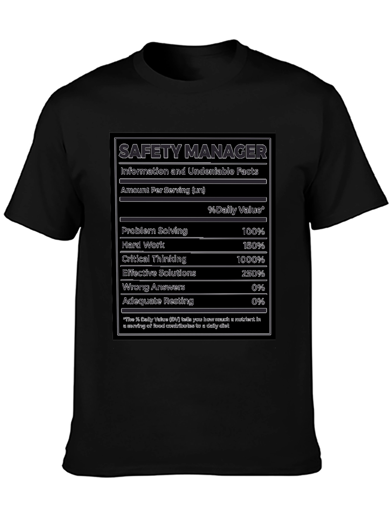 Safety Manager Facts T-Shirt - Funny Nutrition Label