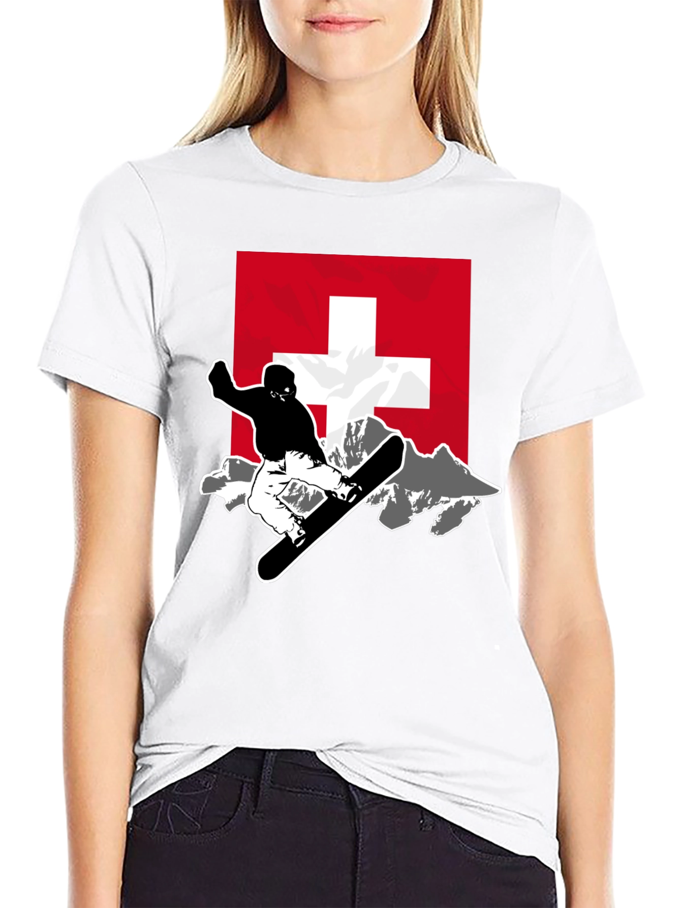 Swiss Snowboarder Graphic Tee - Black Cotton Blend