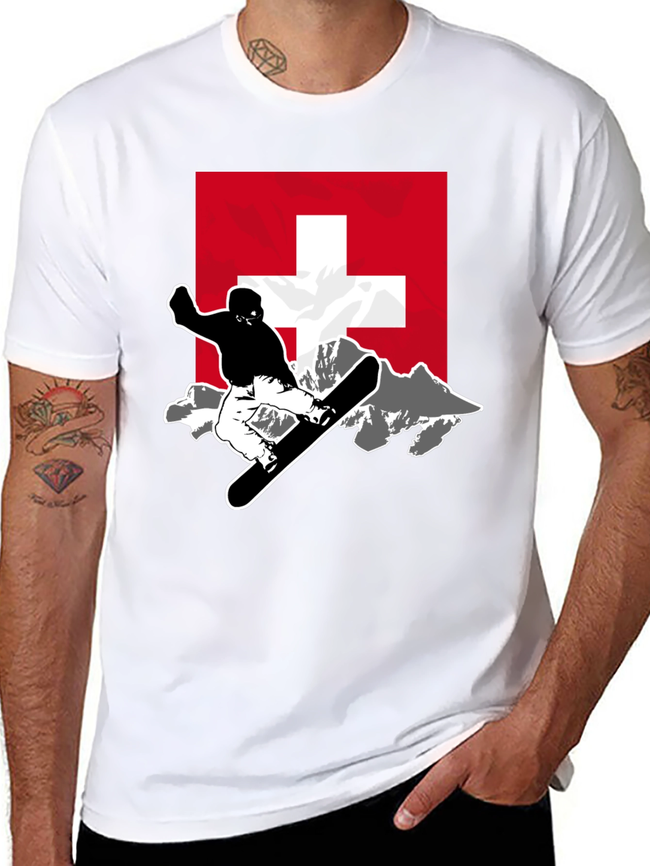 Swiss Snowboarder Graphic Tee - Black Cotton Blend