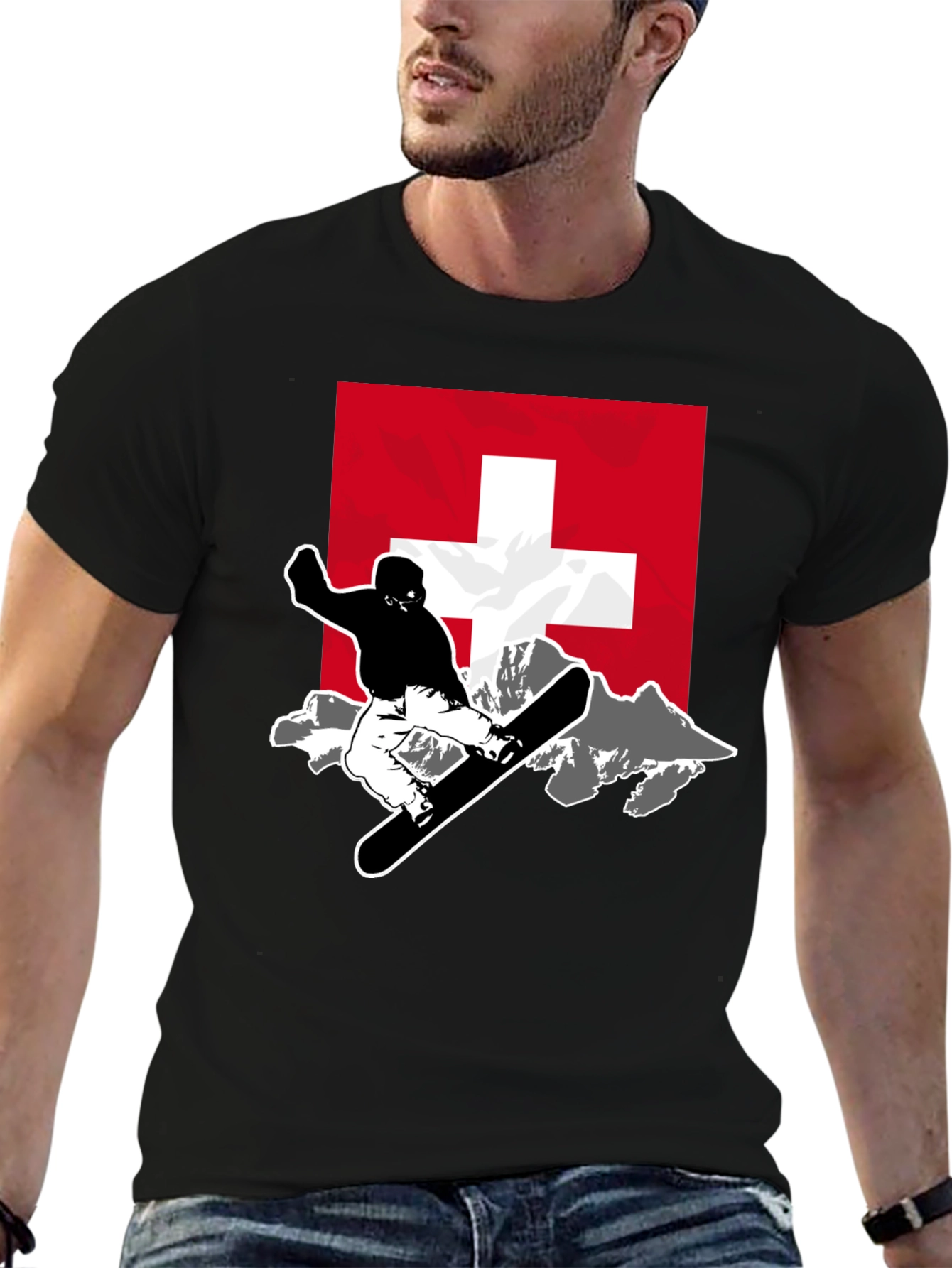 Swiss Snowboarder Graphic Tee - Black Cotton Blend