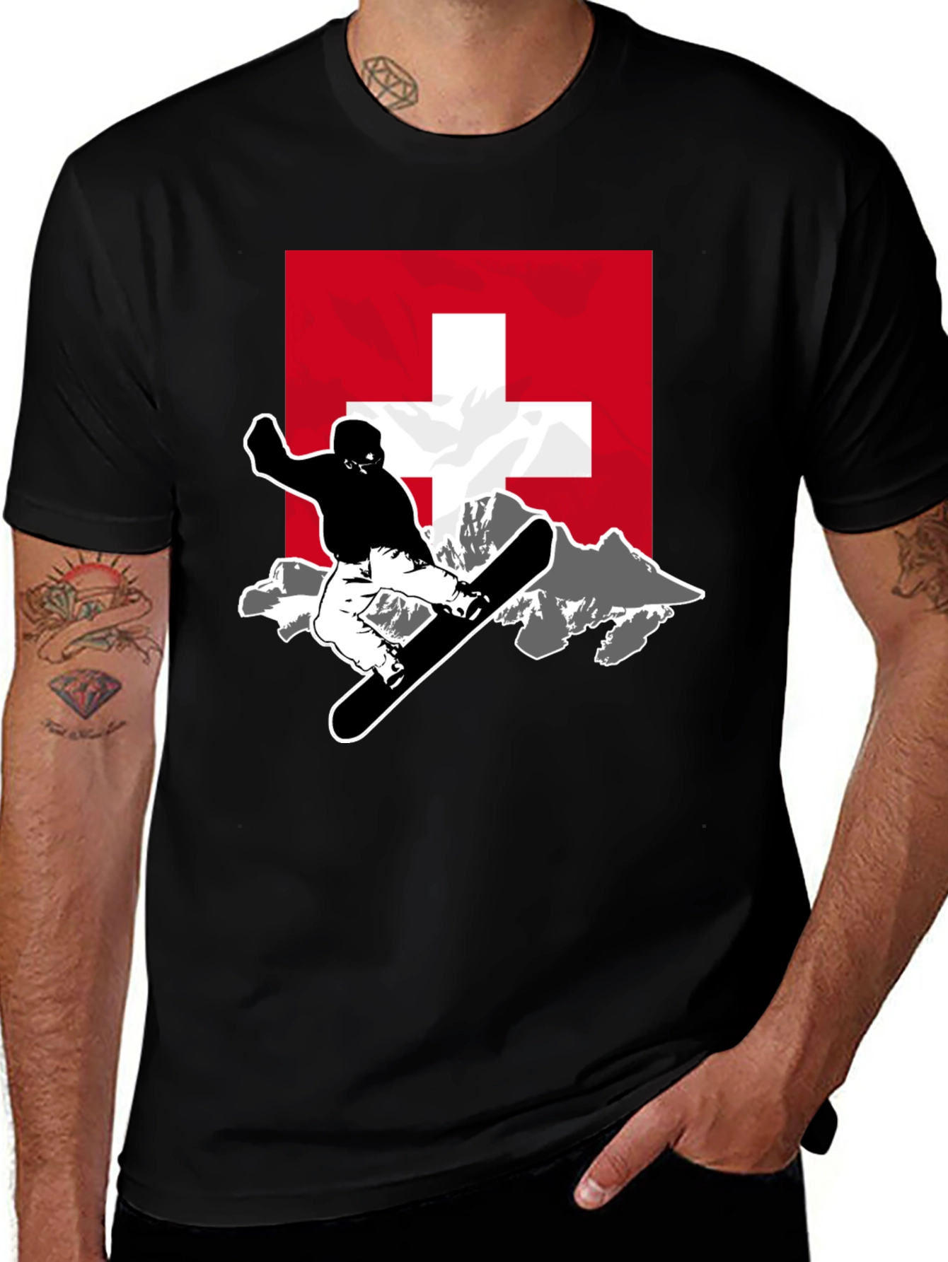 Swiss Snowboarder Graphic Tee - Black Cotton Blend
