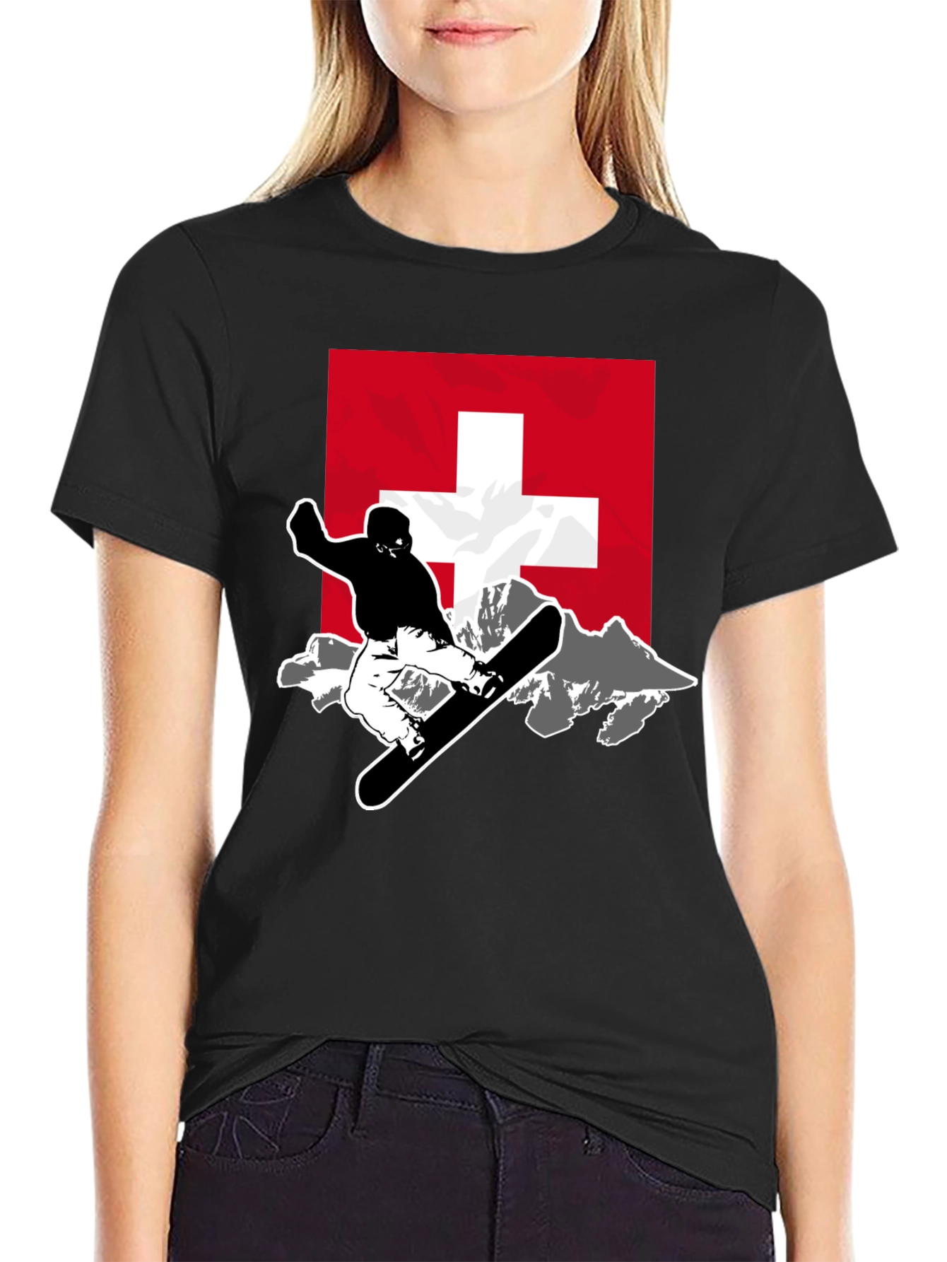 Swiss Snowboarder Graphic Tee - Black Cotton Blend
