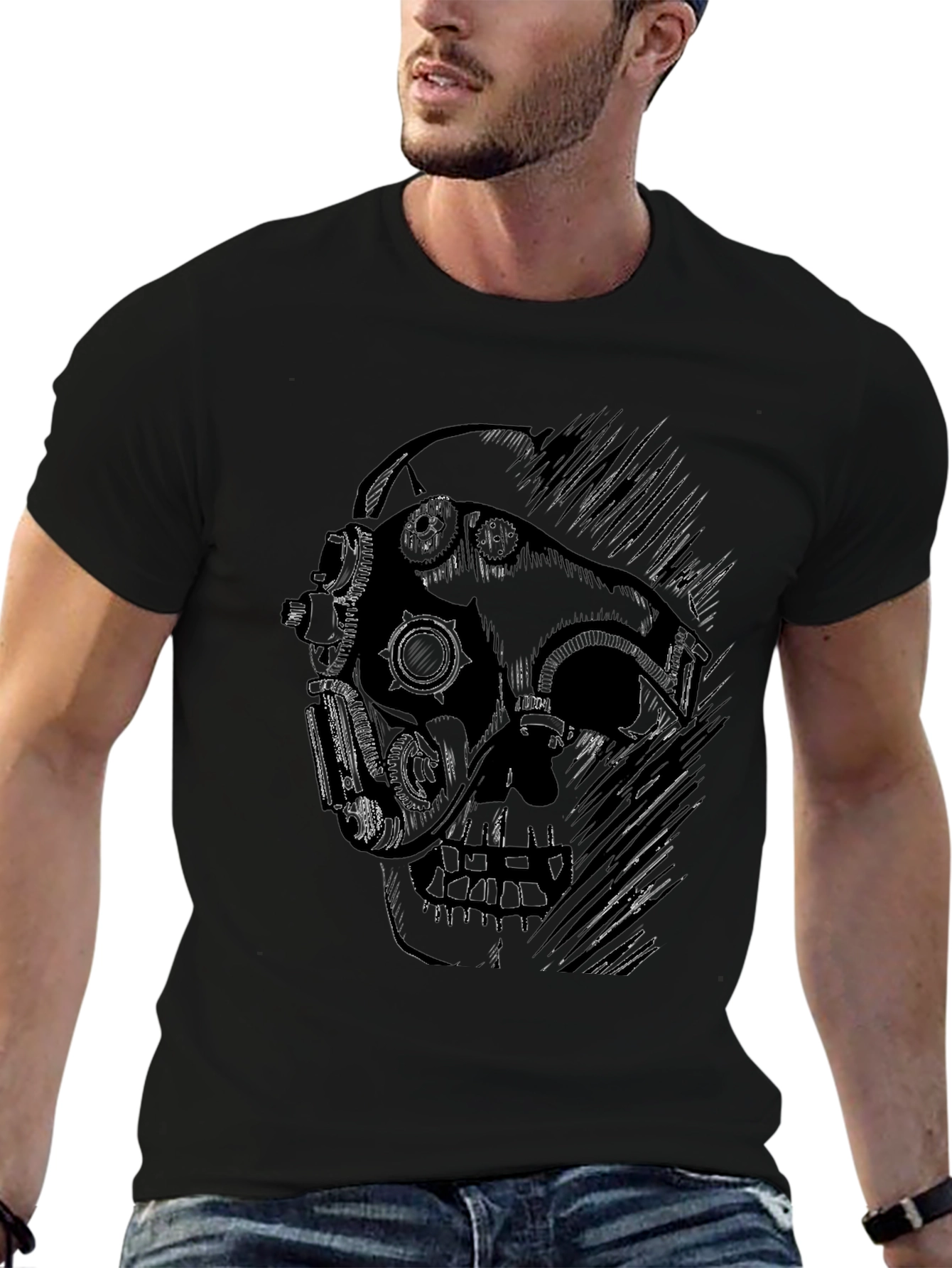 Steampunk Skull Graphic Black T-Shirt