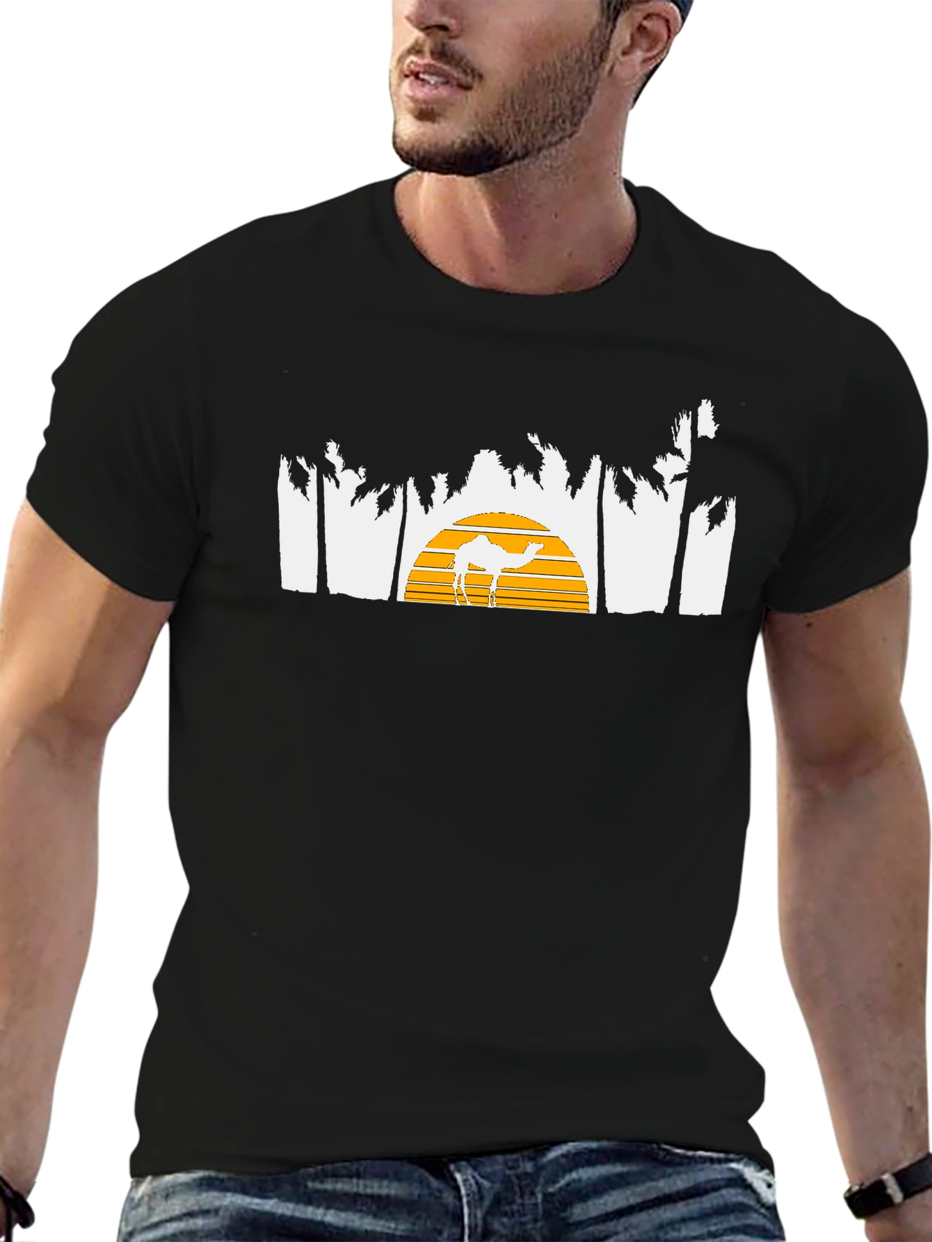 Desert Sunset Camel Graphic Tee - Black Cotton T-Shirt