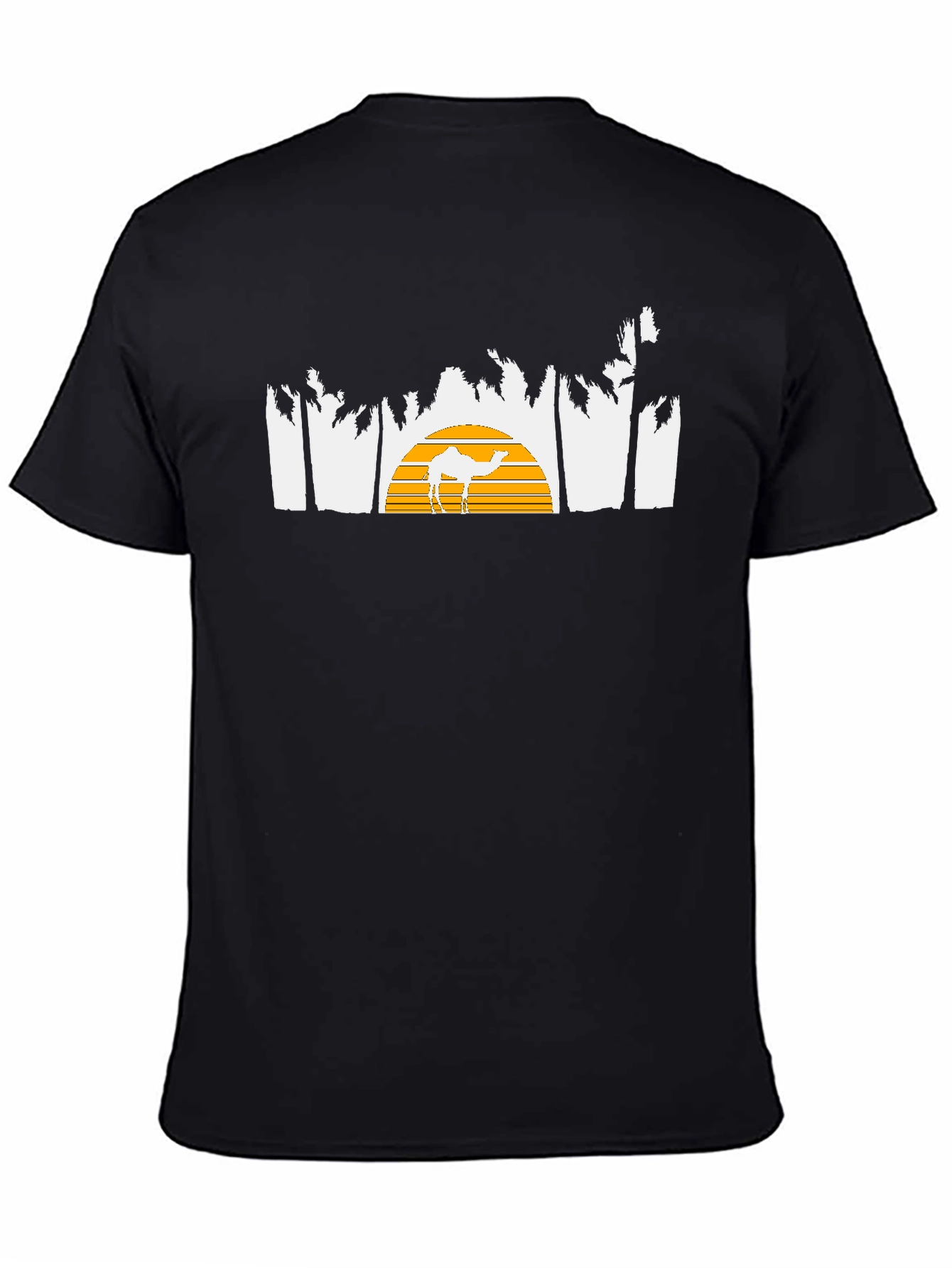 Desert Sunset Camel Graphic Tee - Black Cotton T-Shirt