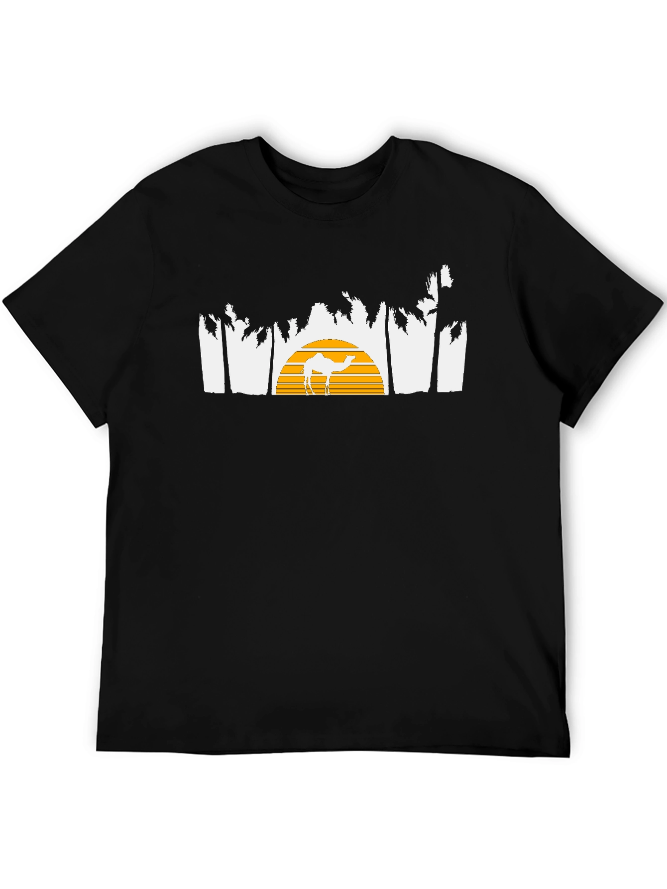 Desert Sunset Camel Graphic Tee - Black Cotton T-Shirt