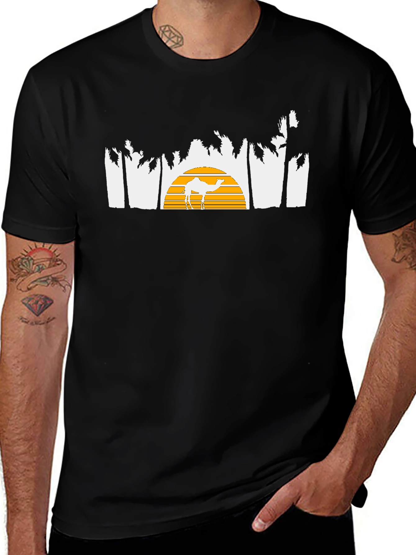 Desert Sunset Camel Graphic Tee - Black Cotton T-Shirt