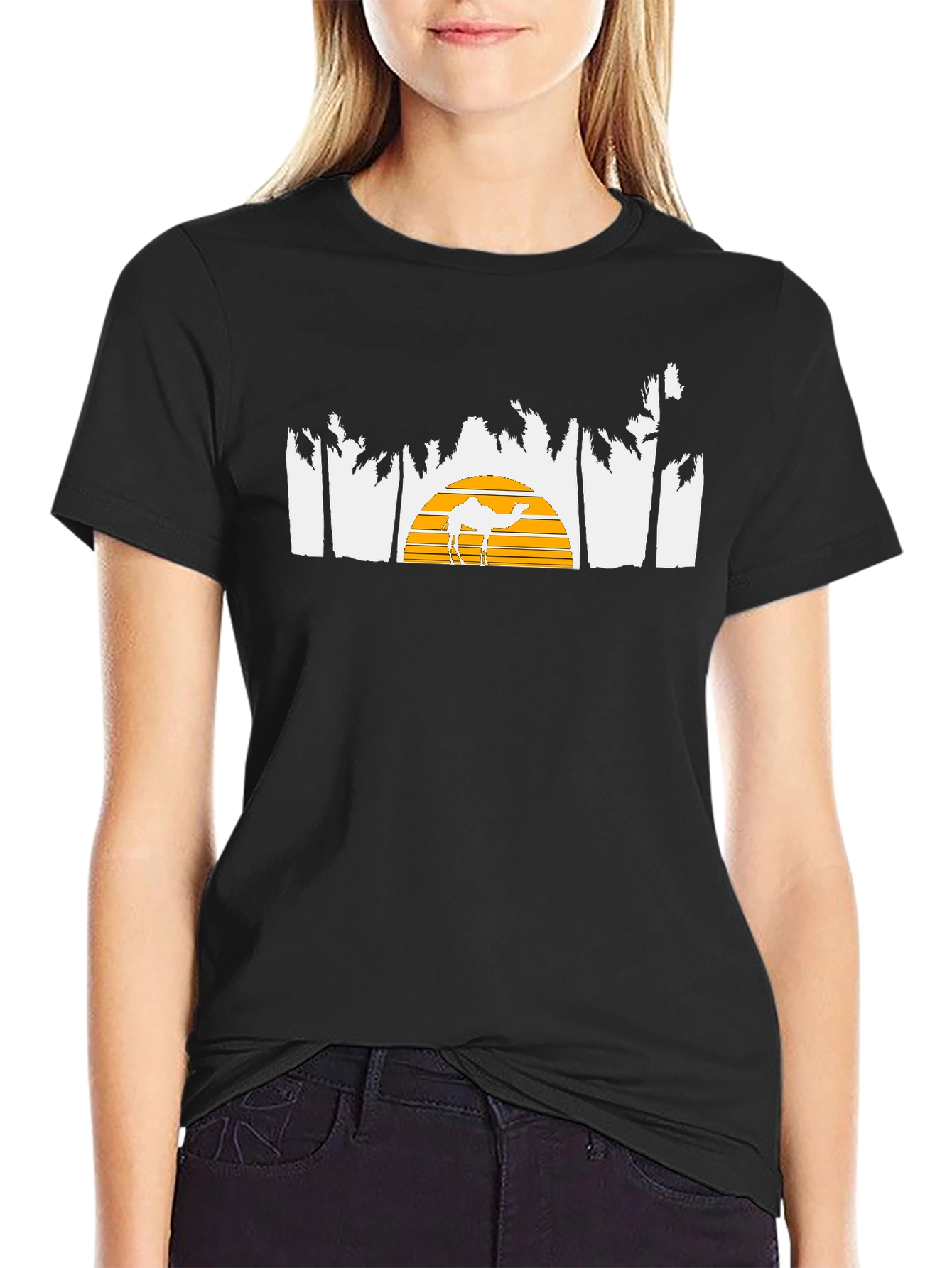 Desert Sunset Camel Graphic Tee - Black Cotton T-Shirt