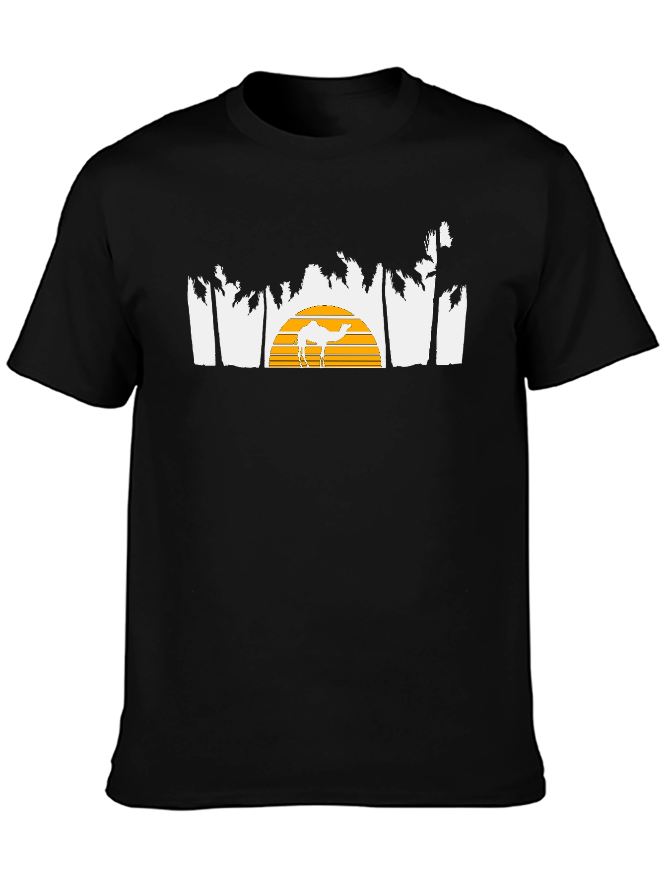 Desert Sunset Camel Graphic Tee - Black Cotton T-Shirt