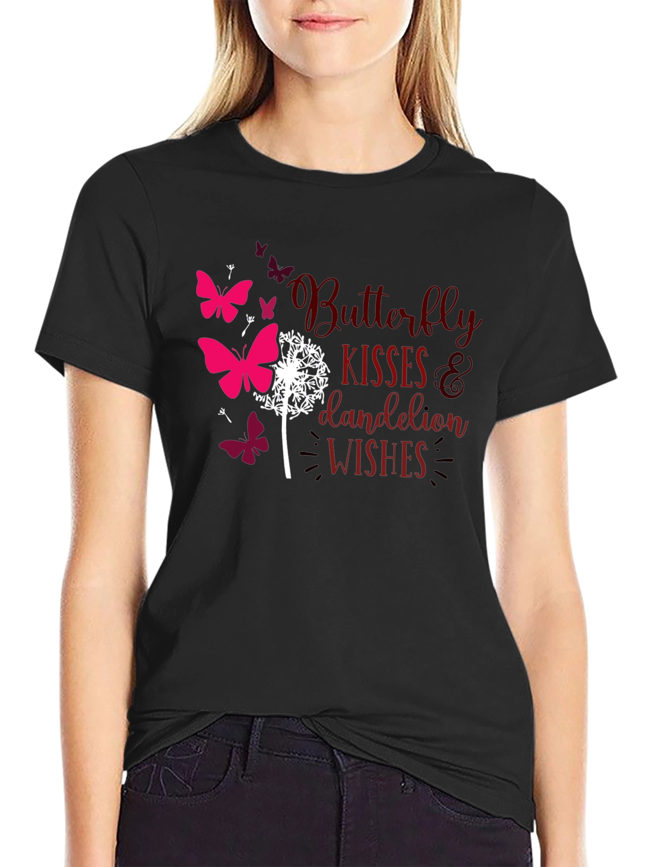 Butterfly Kisses Dandelion Wishes Black T-Shirt