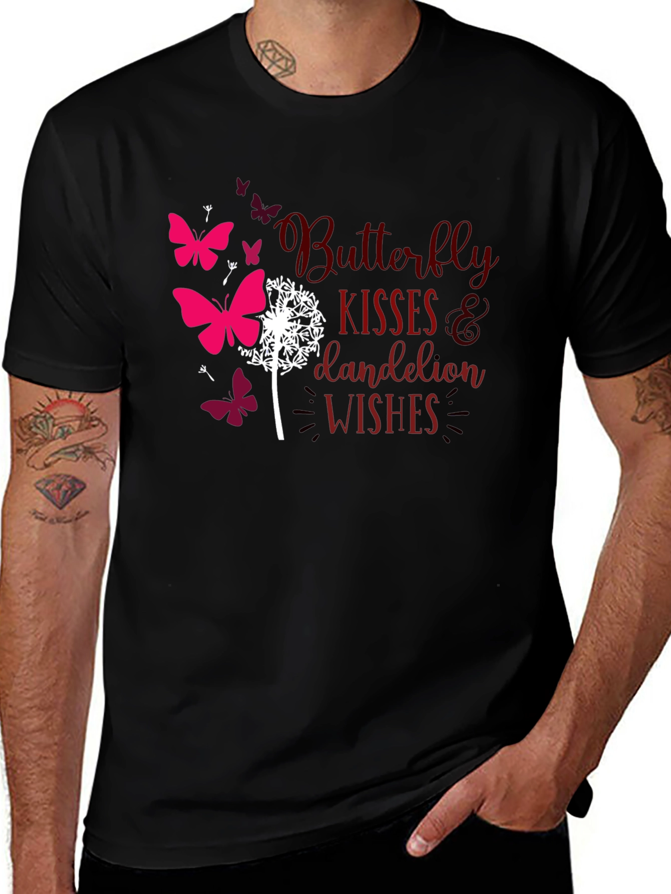 Butterfly Kisses Dandelion Wishes Black T-Shirt