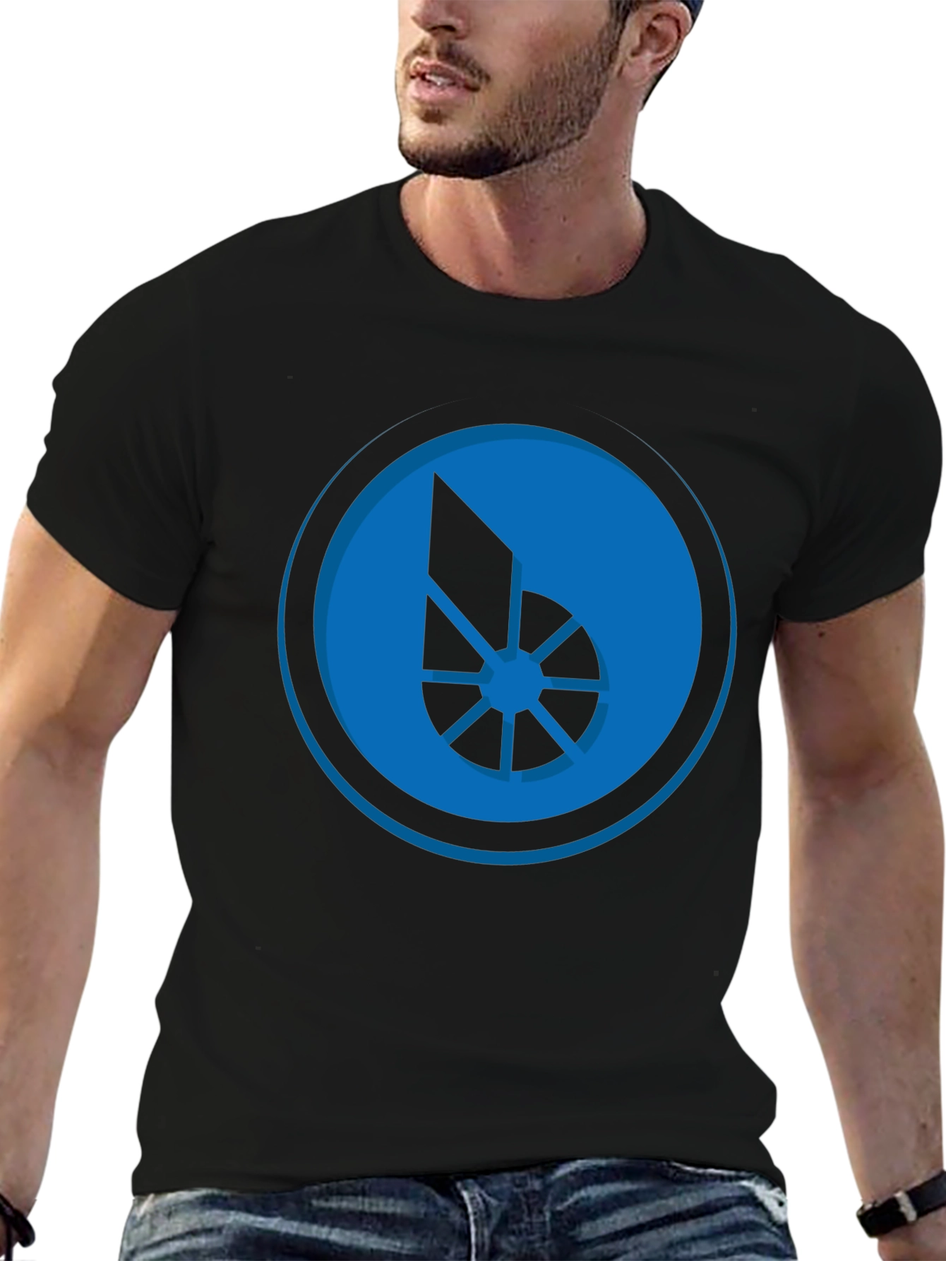 Blue Graphic Print Black T-Shirt