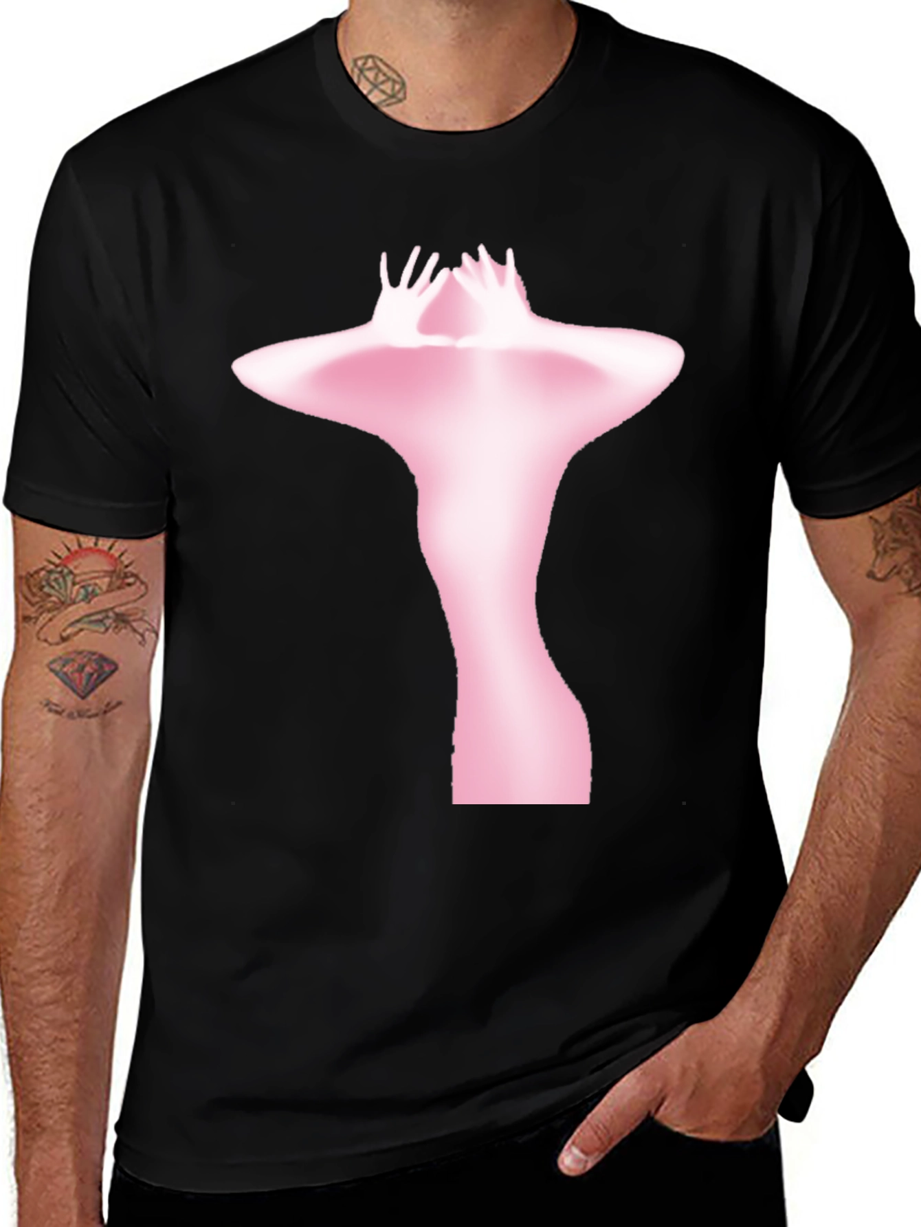 Abstract Pink Figure Print Black T-Shirt