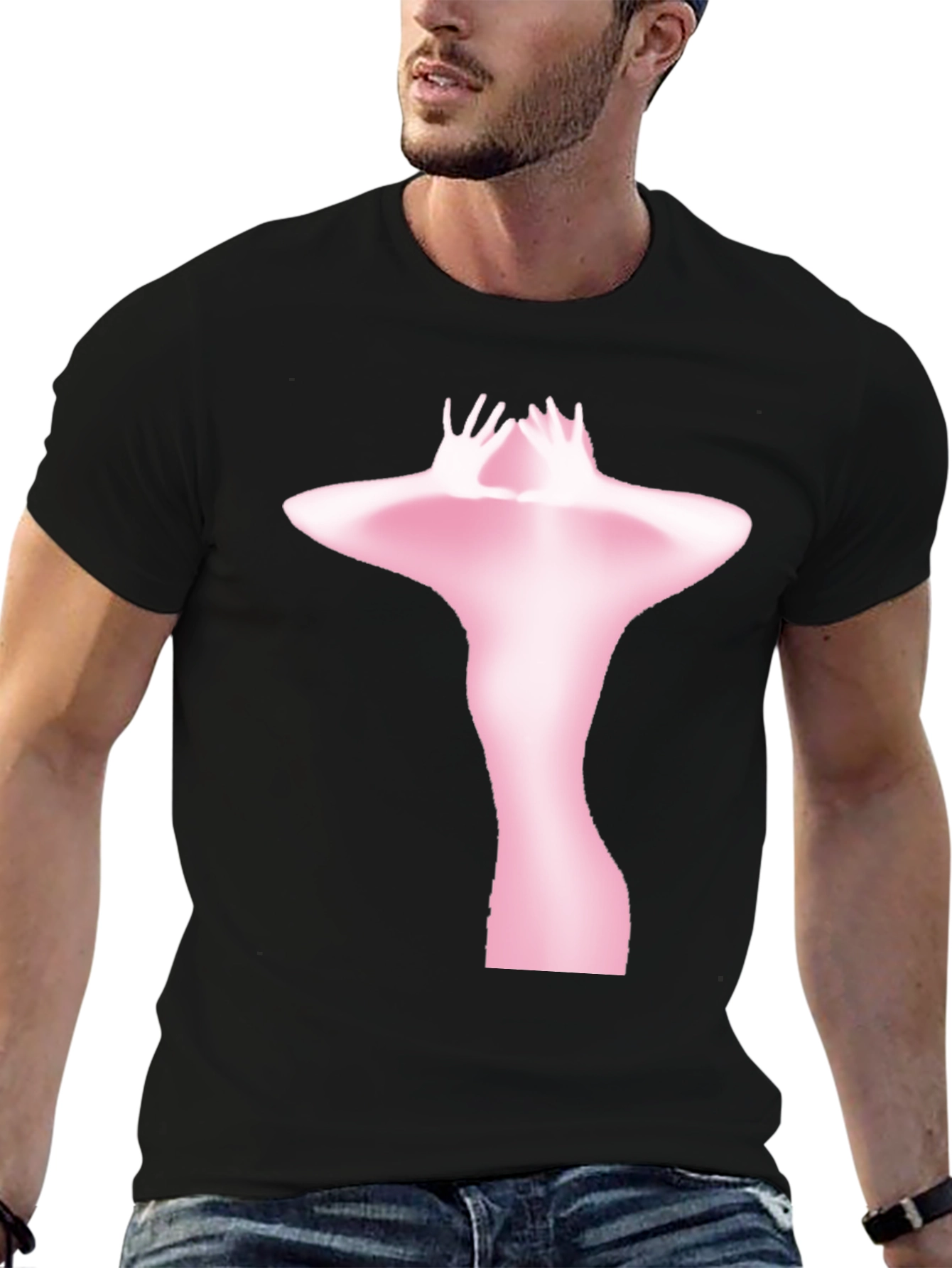 Abstract Pink Figure Print Black T-Shirt