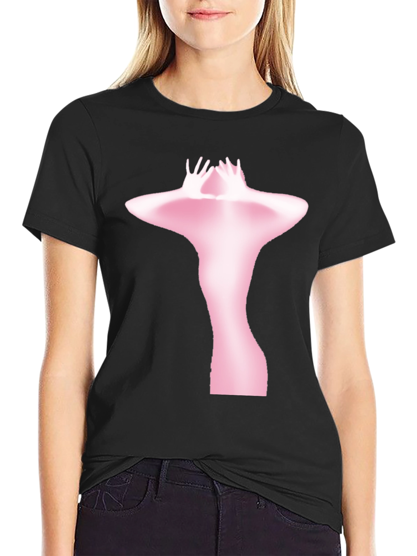 Abstract Pink Figure Print Black T-Shirt