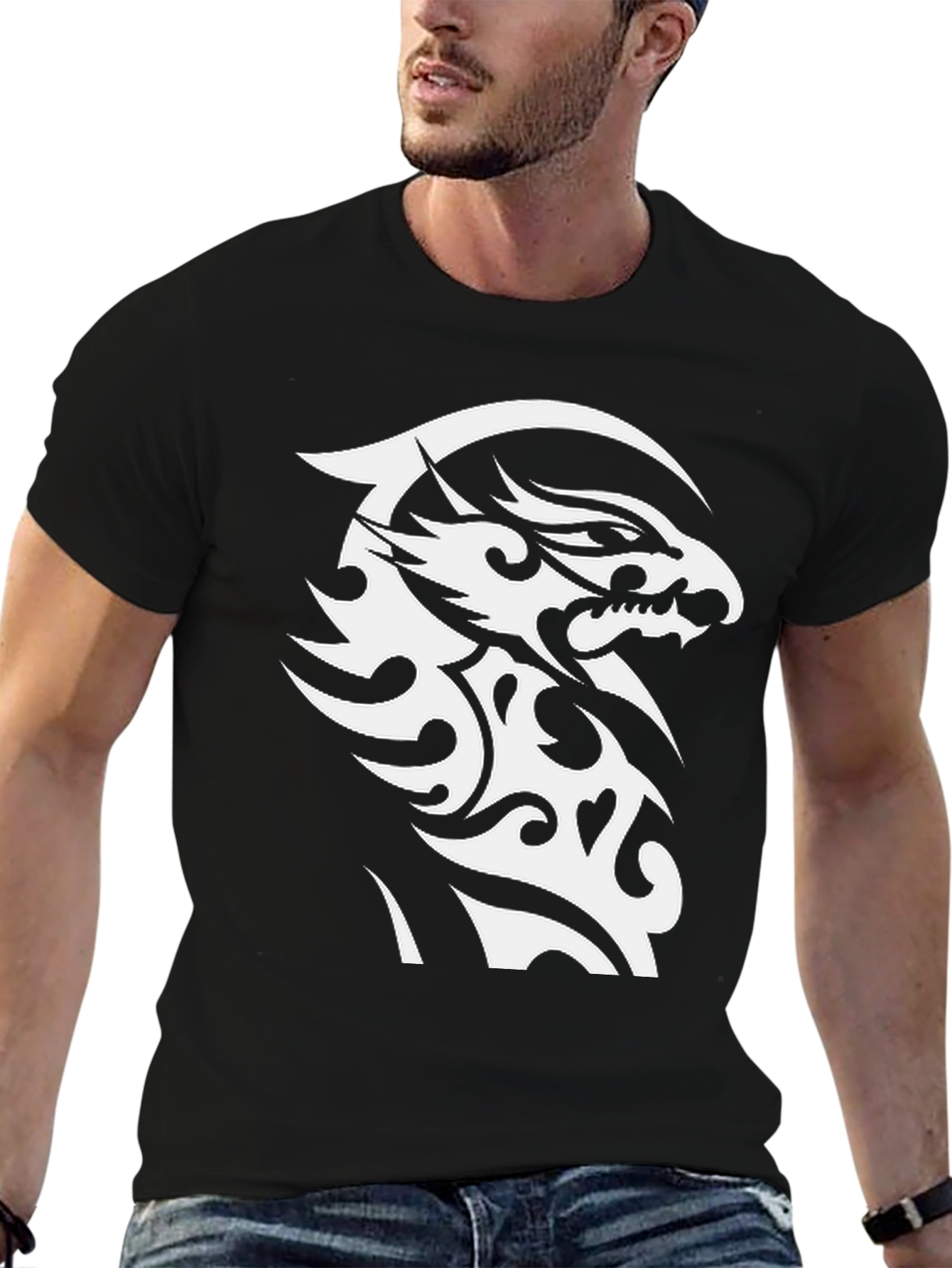 Tribal Dragon Graphic Tee - Black Cotton