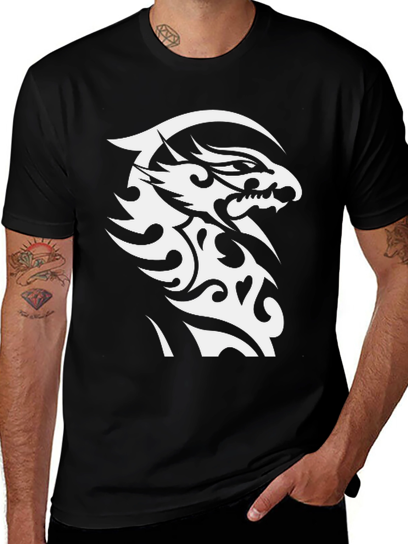 Tribal Dragon Graphic Tee - Black Cotton