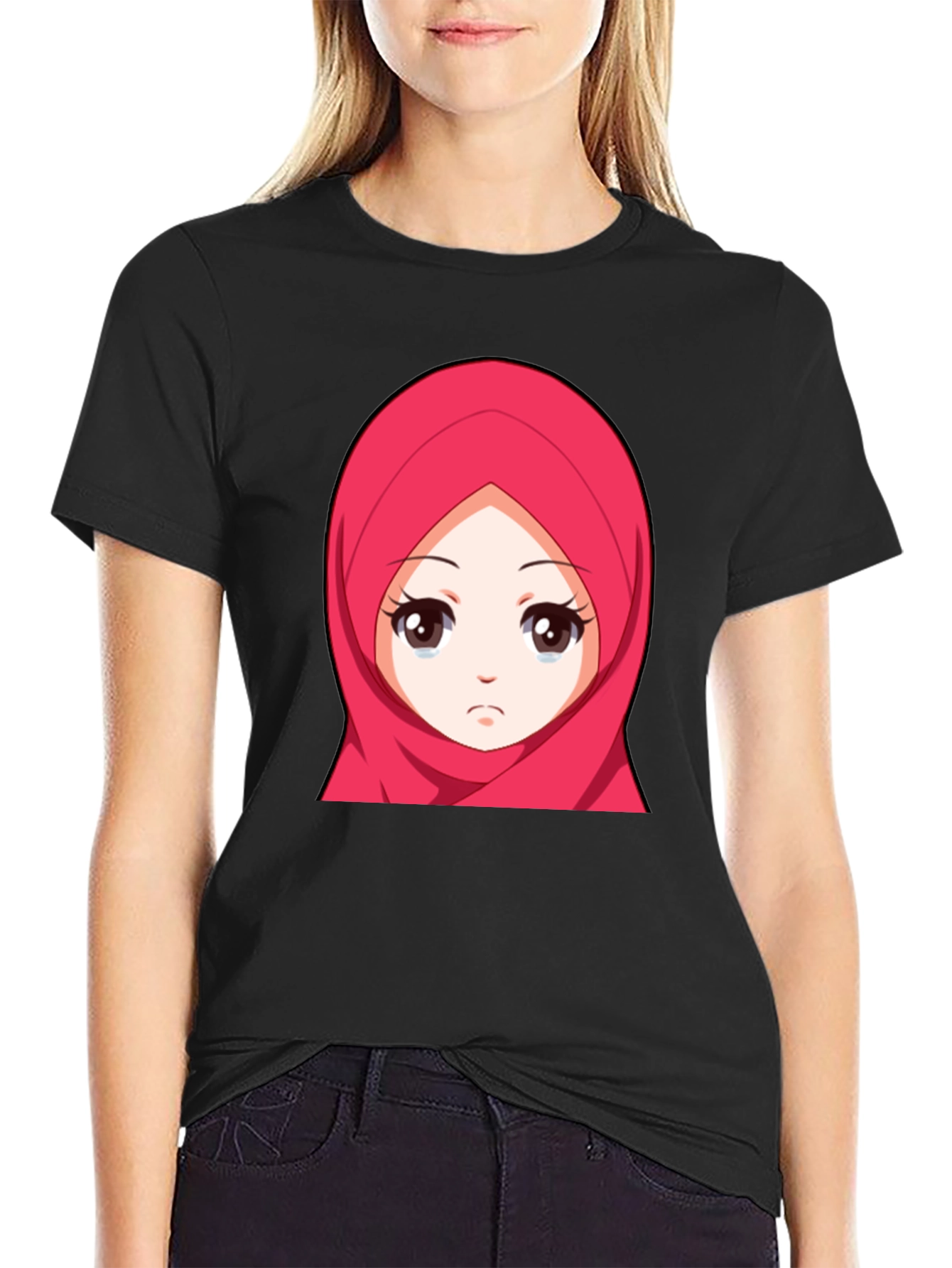 Anime Girl Hijab Graphic Black T-Shirt