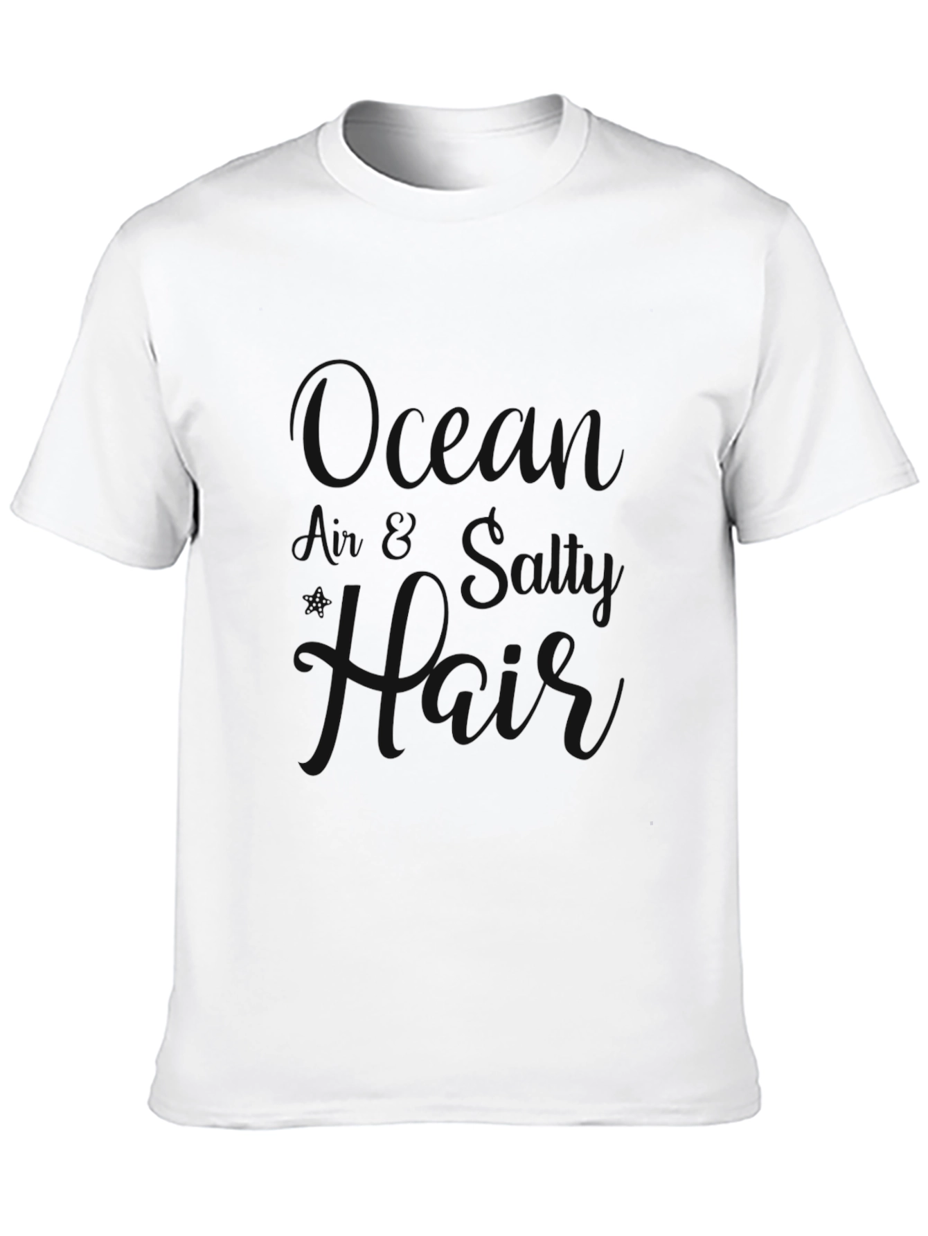 Black Crewneck T-Shirt with Ocean Air Salty Hair Design