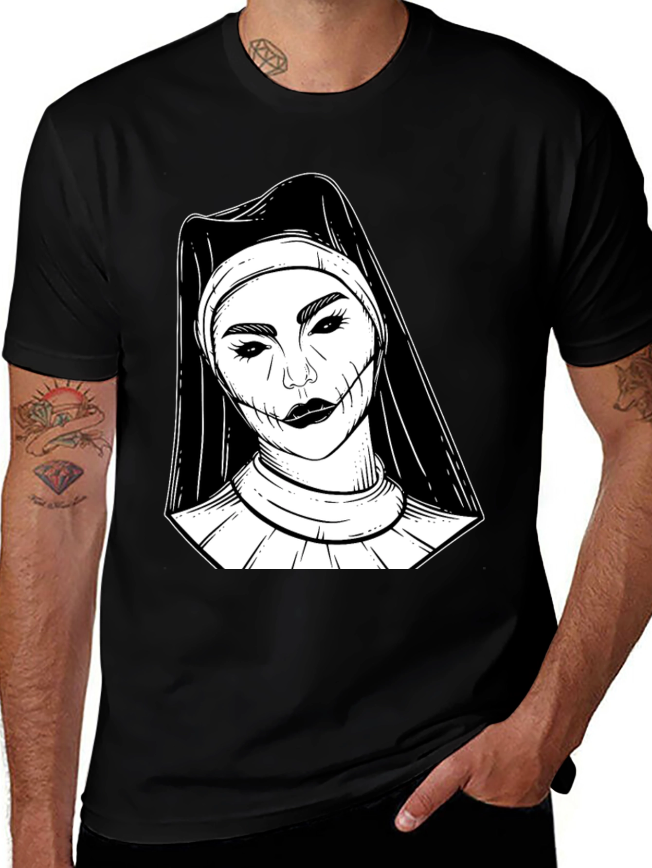 Creepy Nun Graphic Tee - Black Cotton Blend Shirt