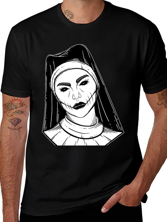 Creepy Nun Graphic Tee - Black Cotton Blend Shirt