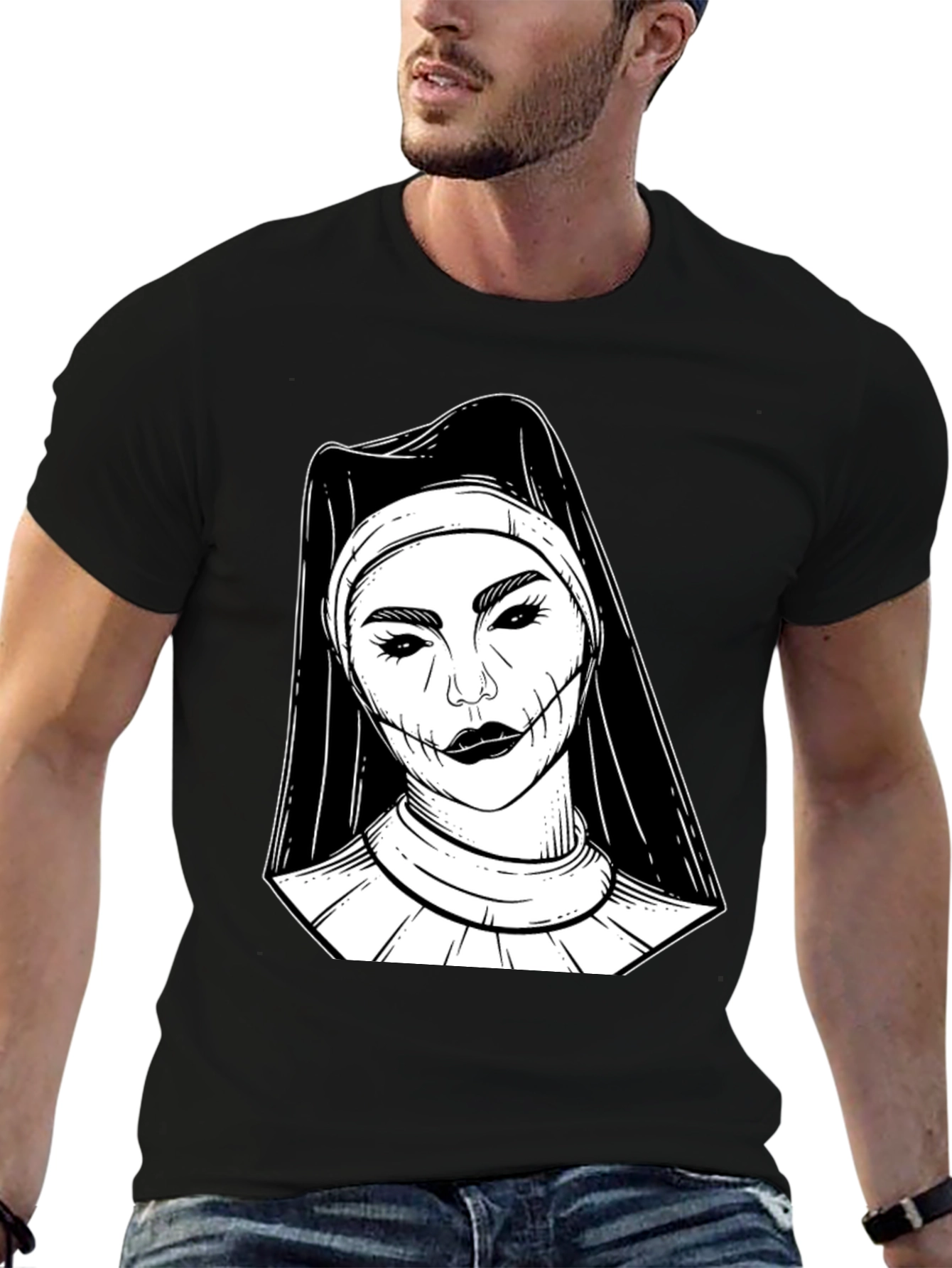 Creepy Nun Graphic Tee - Black Cotton Blend Shirt
