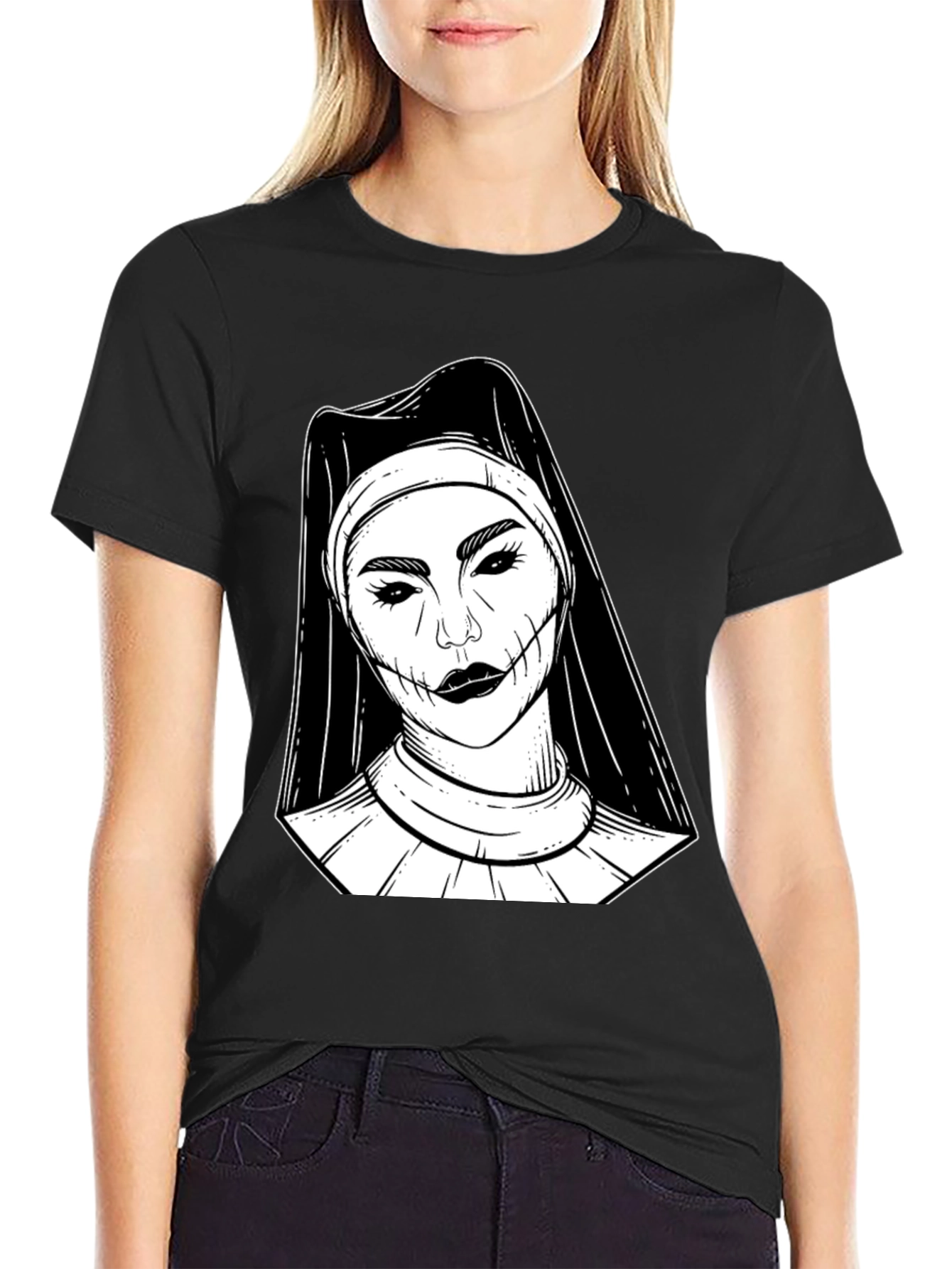 Creepy Nun Graphic Tee - Black Cotton Blend Shirt