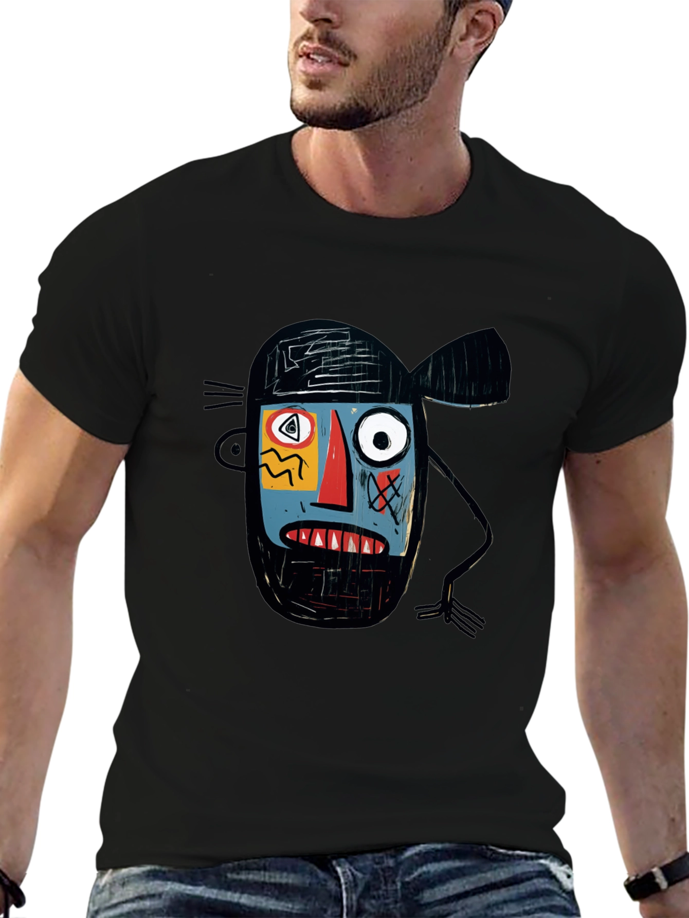 Abstract Face Graphic Print Black T-Shirt
