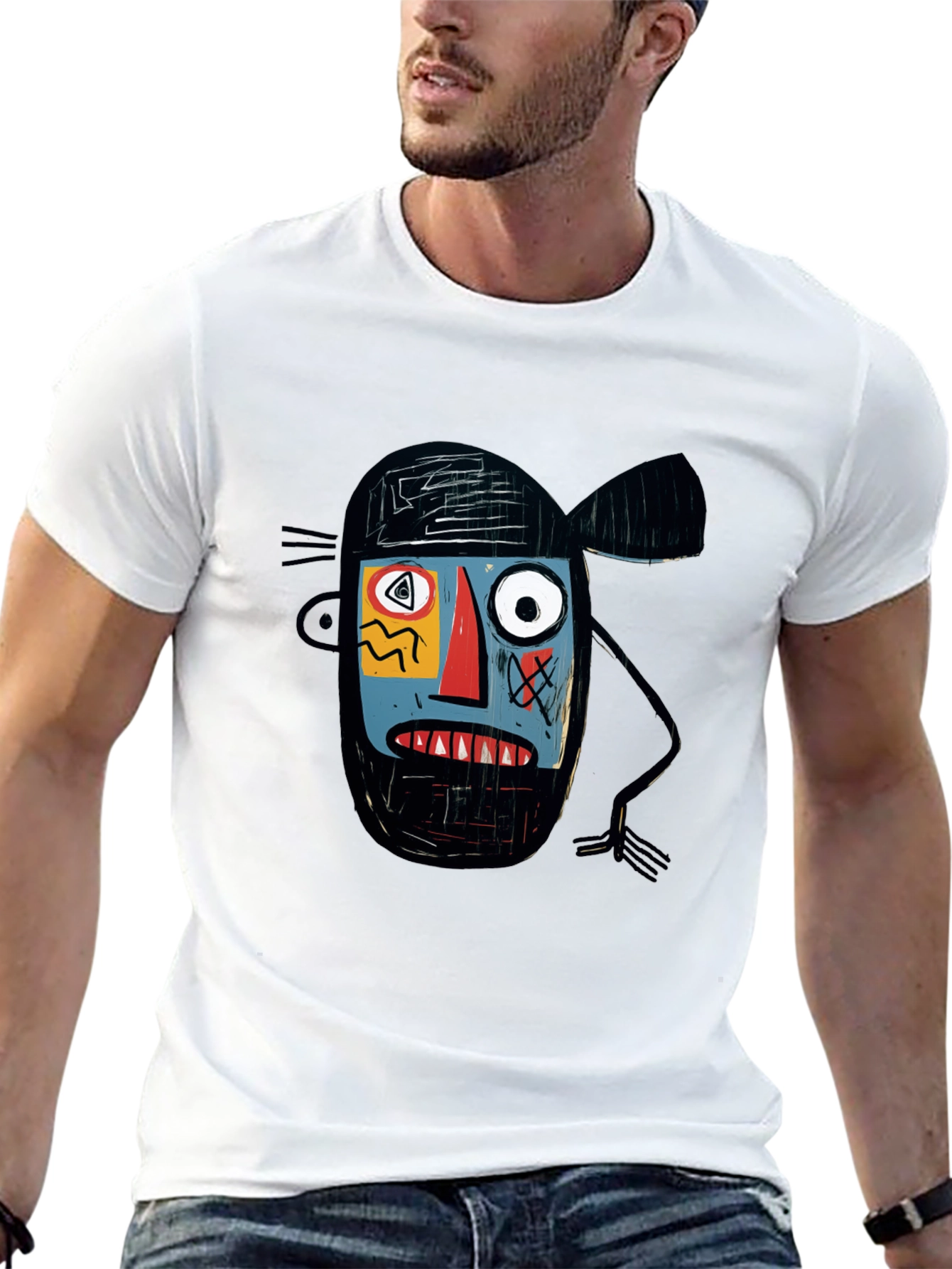 Abstract Face Graphic Print Black T-Shirt