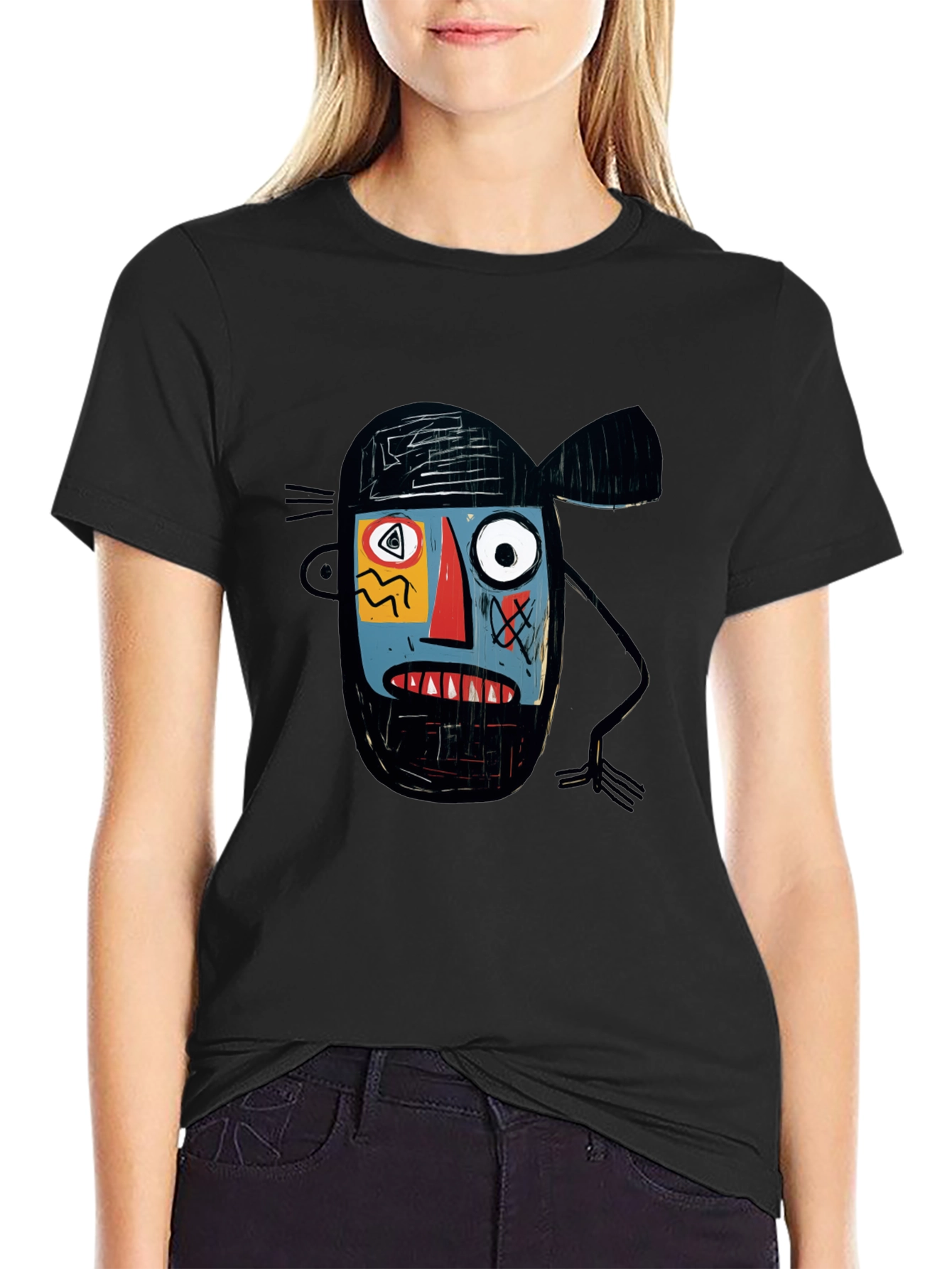 Abstract Face Graphic Print Black T-Shirt