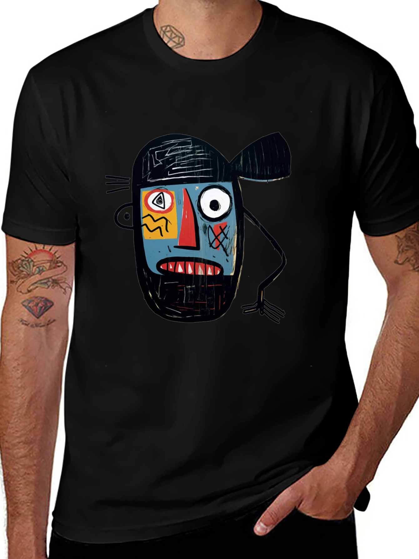 Abstract Face Graphic Print Black T-Shirt