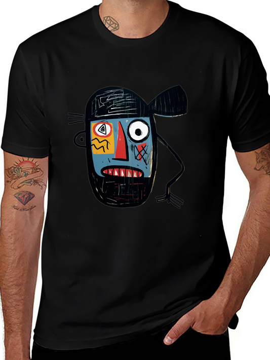 Abstract Face Graphic Print Black T-Shirt