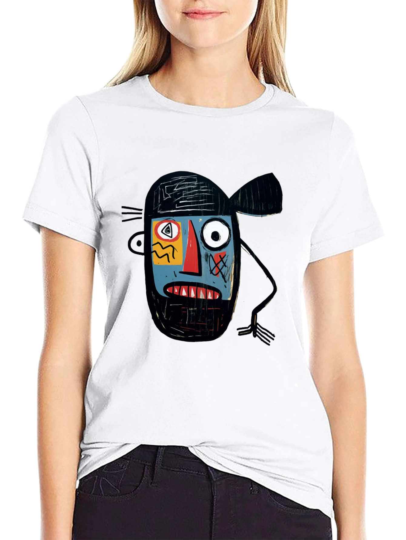 Abstract Face Graphic Print Black T-Shirt