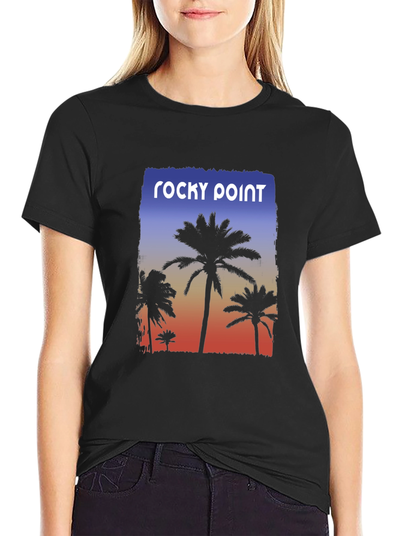 Rocky Point Palm Tee - Sunset Design Black