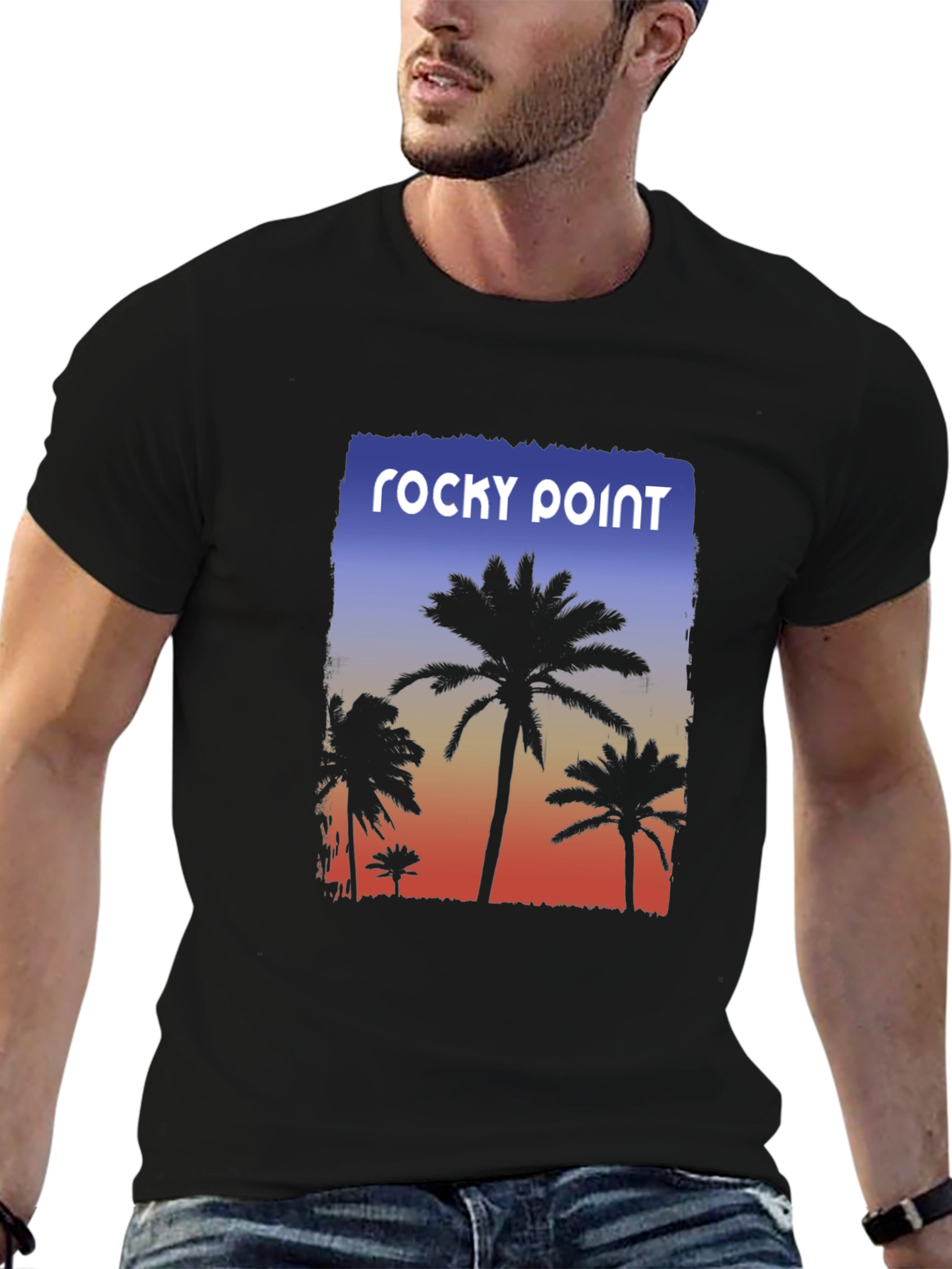 Rocky Point Palm Tee - Sunset Design Black