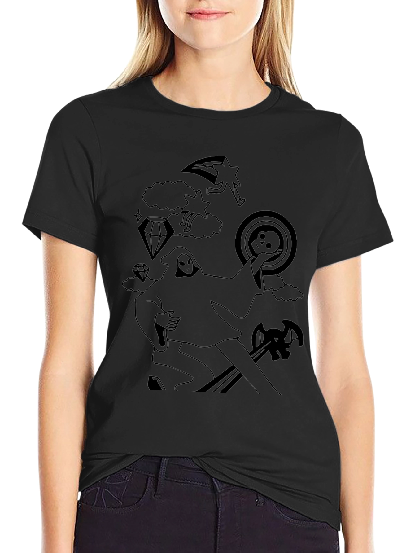 Black Graphic Tee - Death Tarot Cartoon