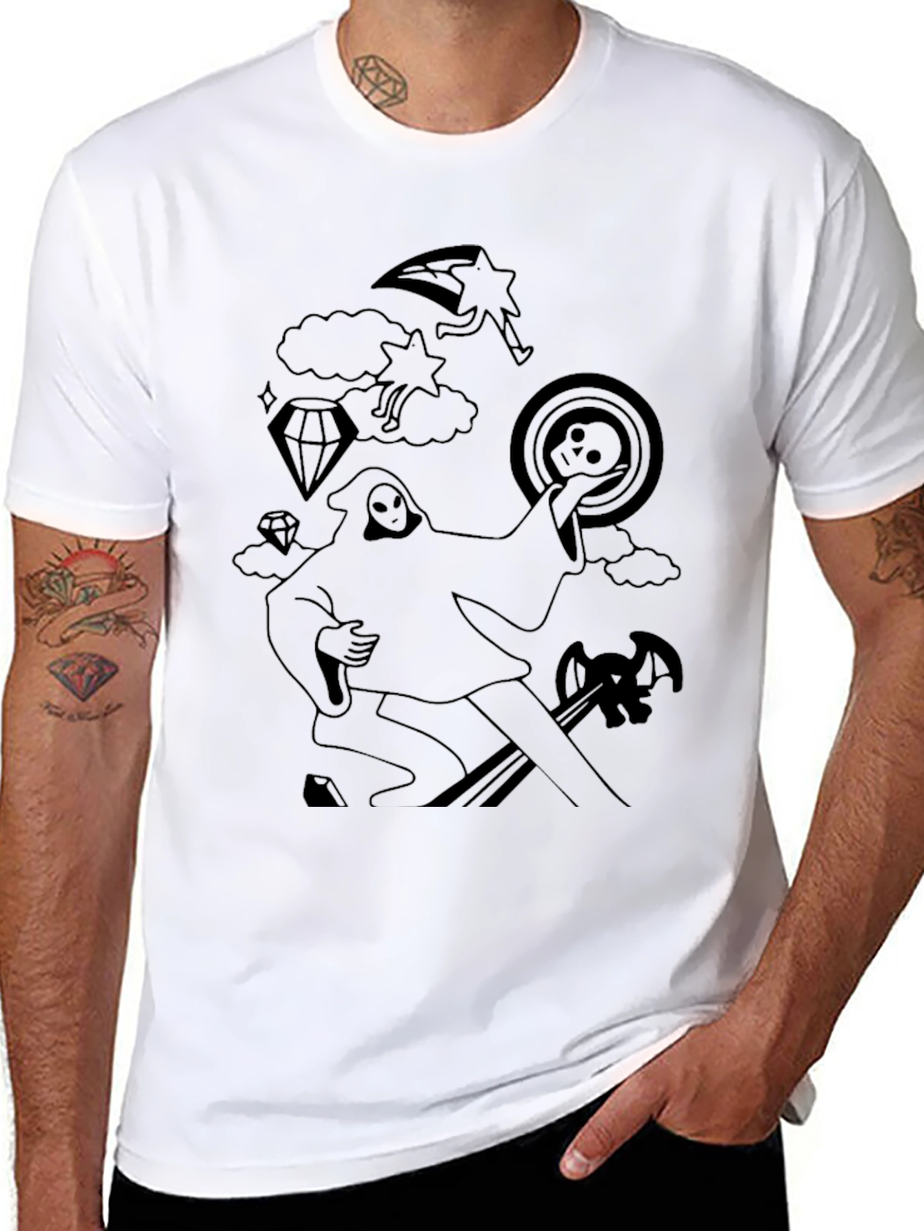 Black Graphic Tee - Death Tarot Cartoon