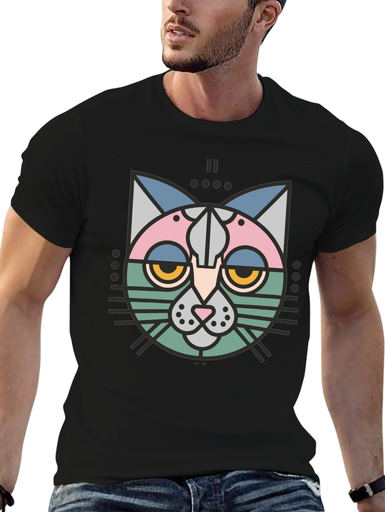 Abstract Geometric Cat Graphic T-Shirt