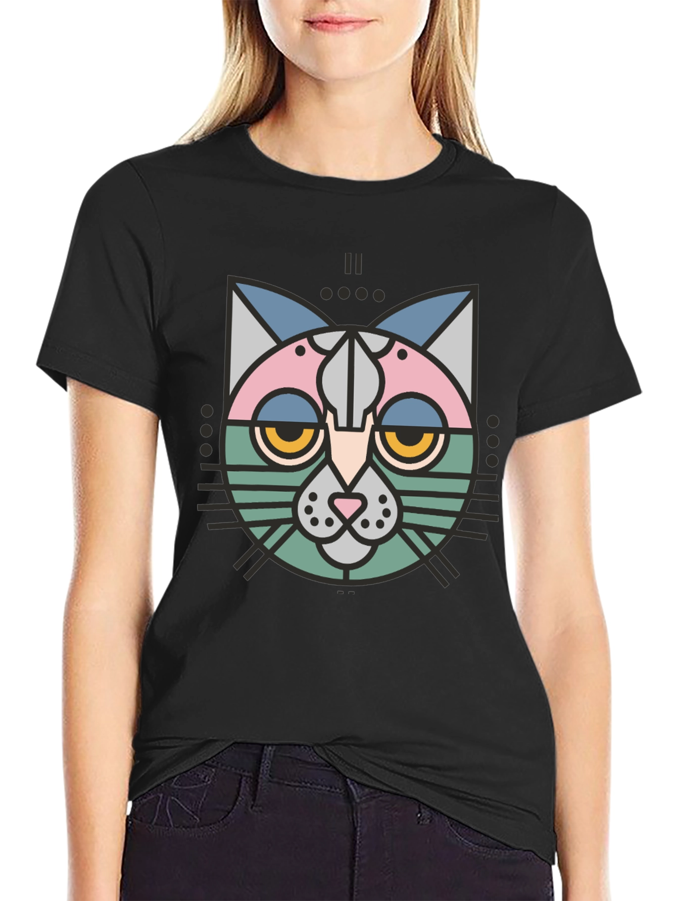 Abstract Geometric Cat Graphic T-Shirt