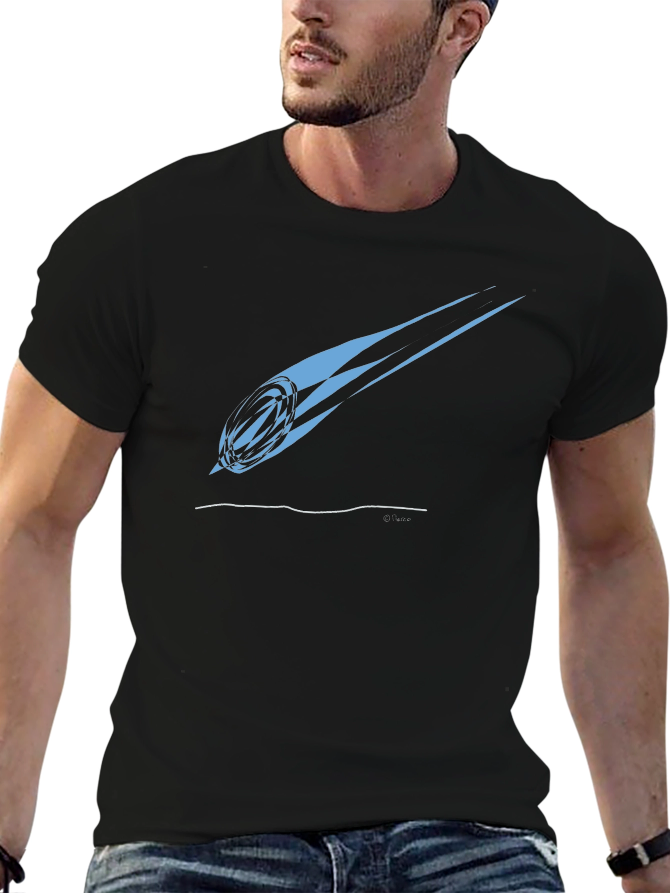 Stylish Rugby Ball Comet Graphic Tee - Black