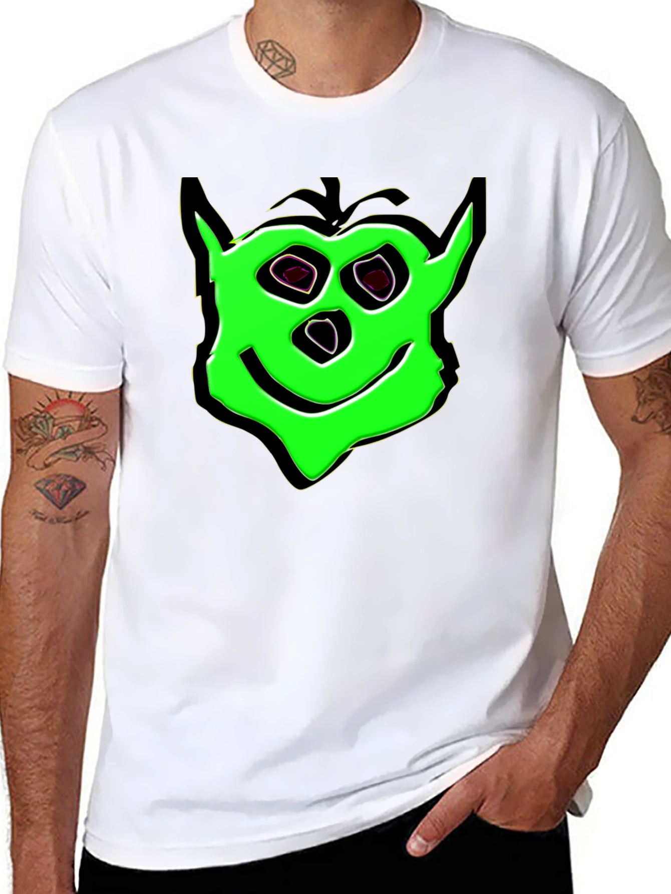Green Cartoon Face Black T-Shirt