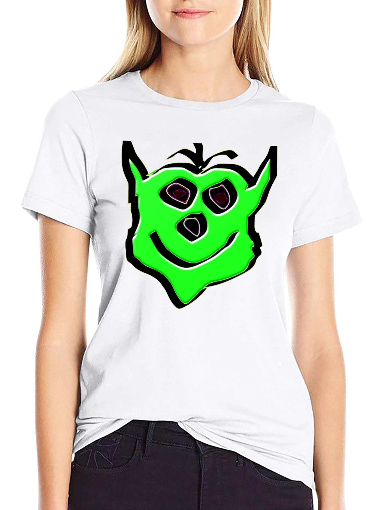 Green Cartoon Face Black T-Shirt