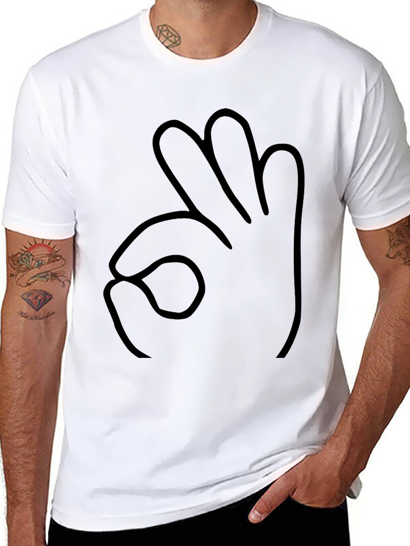 Black T-Shirt OK Hand Gesture Outline Graphic